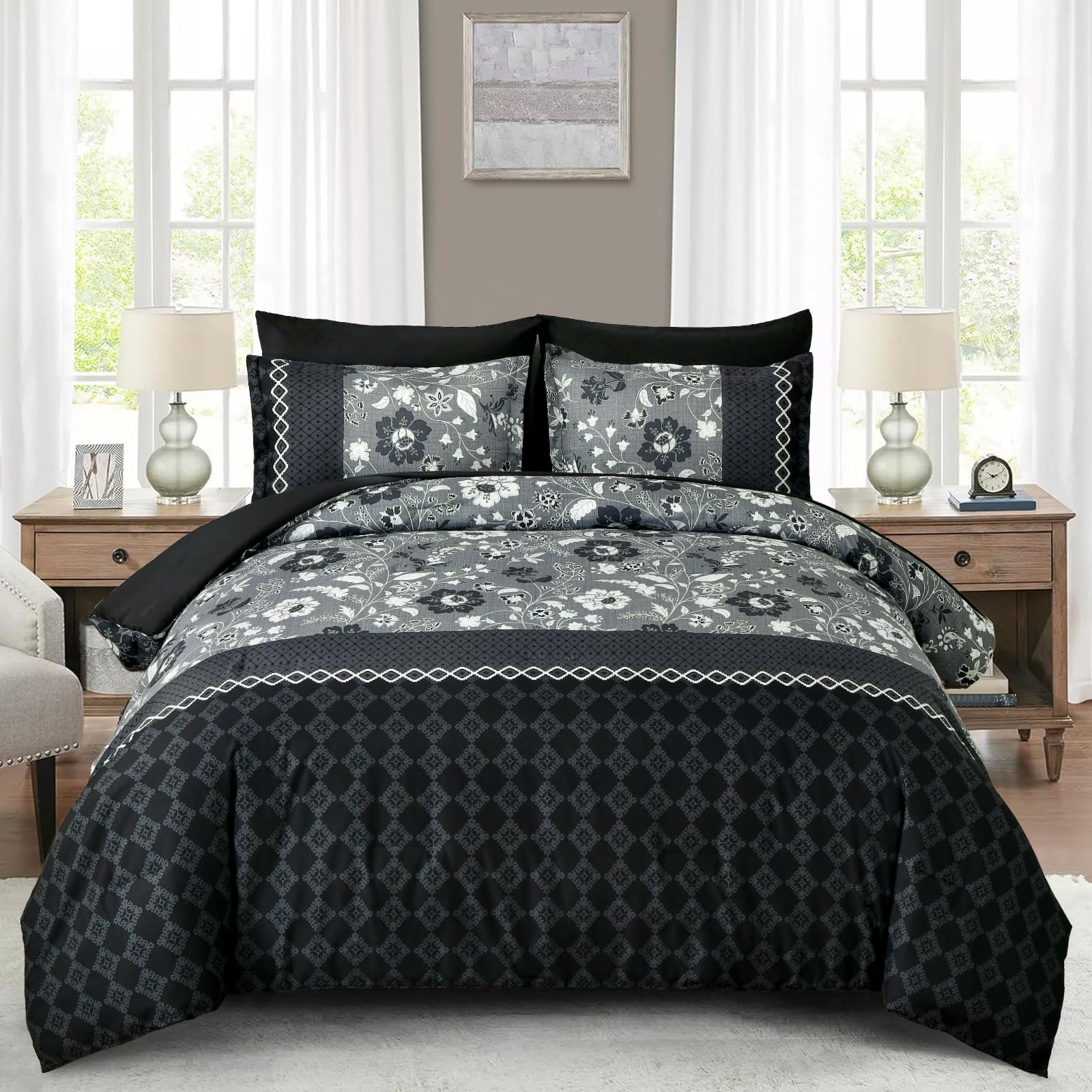 Wongs Bedding Black Comforter Set Queen, 7 Pieces Bed In A Bag Floral Geometric Patchwork Soft Microfiber Comforter Bedding Set