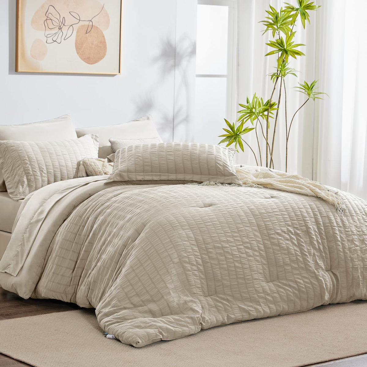 Cozylux King Seersucker Comforter Set With Sheets Oatmeal Bed In A Bag 7-Pieces All Season Bedding Sets With Comforter, Pillow Sham, Flat Sheet, Fitted Sheet, Pillowcase