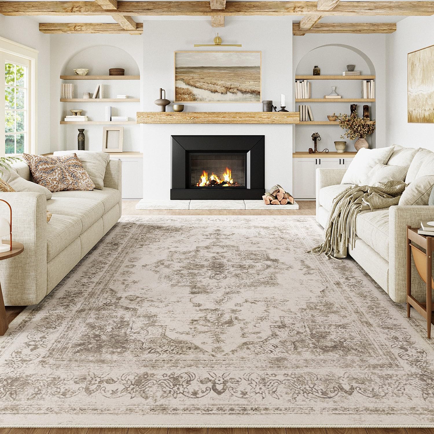 PureCozy Vintage Area Rug 8x10 Indoor Bedroom Rug Taupe Medallion Washable Living Room Carpet Retro Accent Throw Rug Distressed 