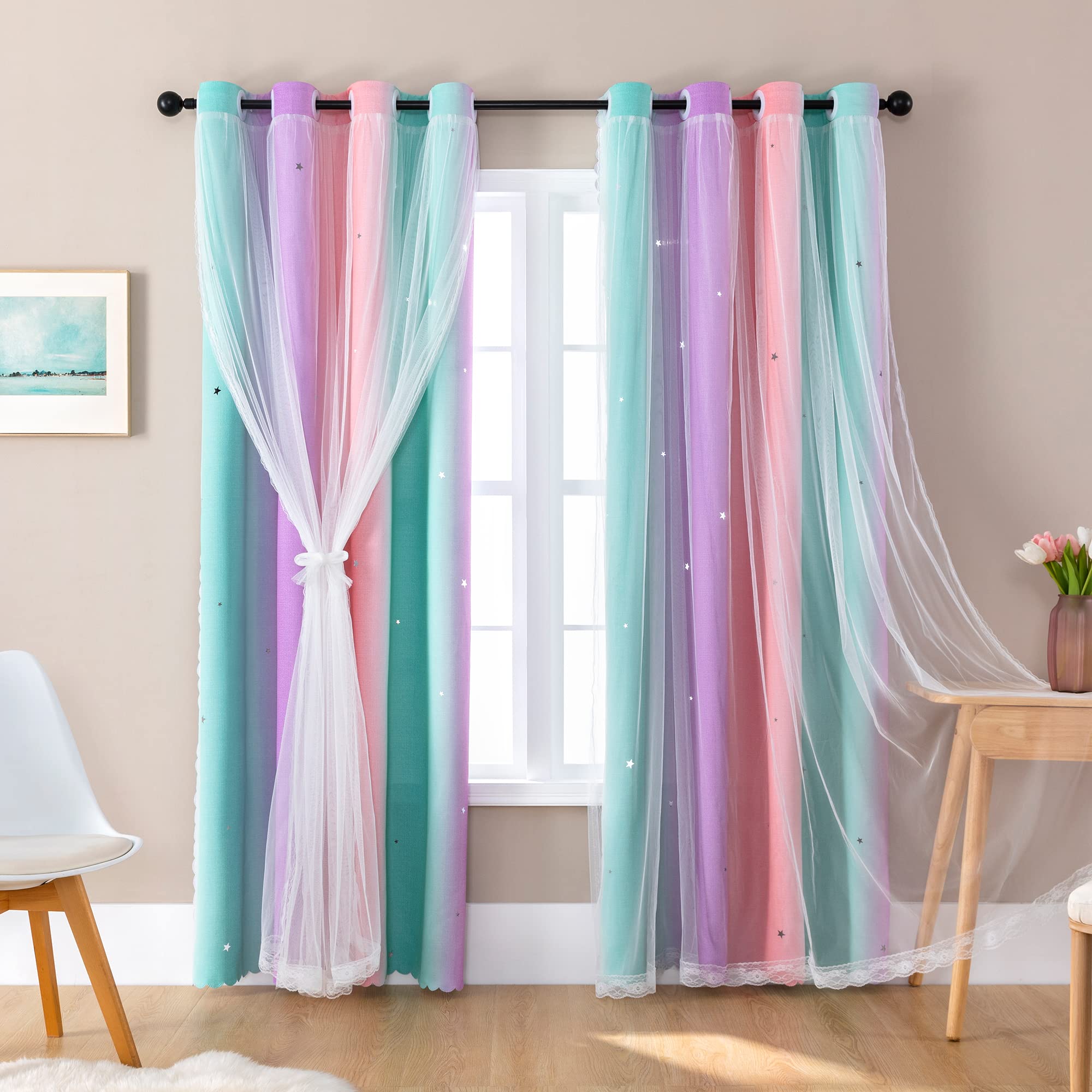 Xidi Curtains For Girls Bedroom Kids Room Unicorn Princess Theme Home Decor Inches Length Pastel (Pink/Purple/Green, W34 X L84 2