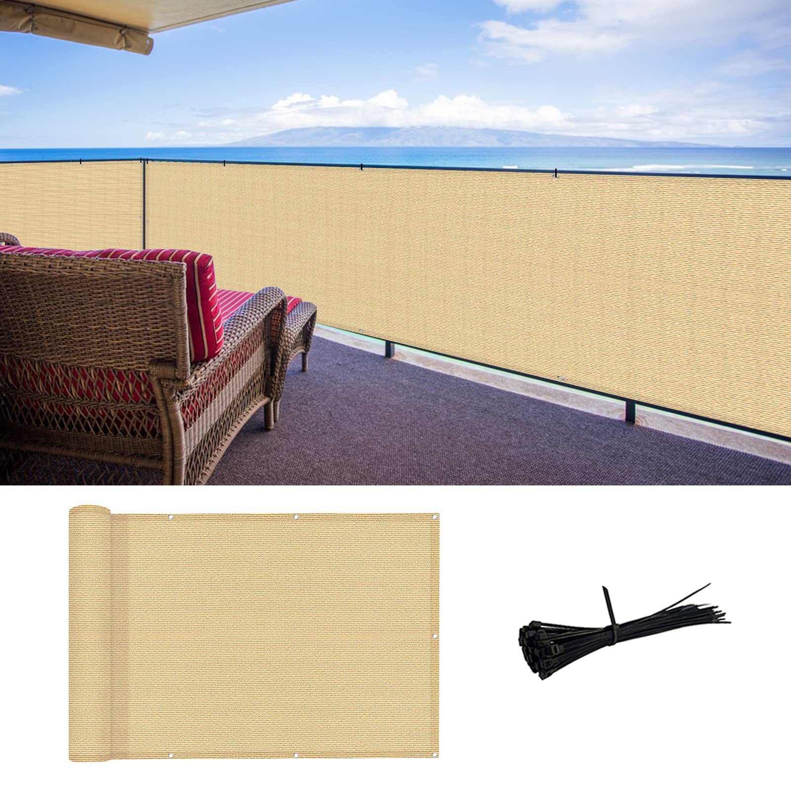 Sunlax 3'X16' Sand Balcony Privacy Screen Fence Windscreen Cover Fabric Shade Netting Mesh Cloth With Grommets Uv Protection For