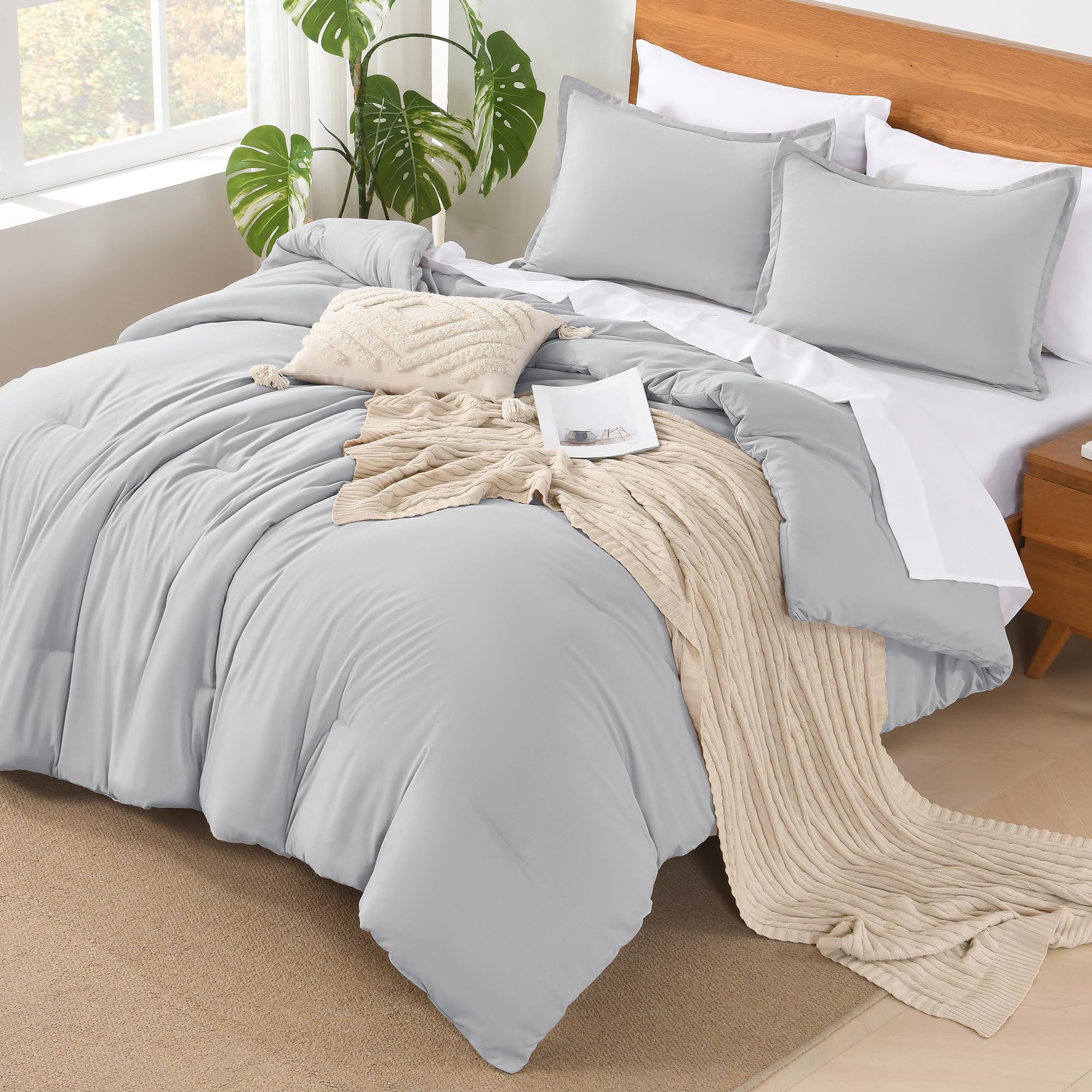 Andency Light Grey Comforter King Size - 7 Pieces Gray Bed In A Bag King Bedding Comforter Sets, Summer Plain Soft Lightweight Comforter With Fitted Sheets, Flat Sheets, Pillowcases & Shams