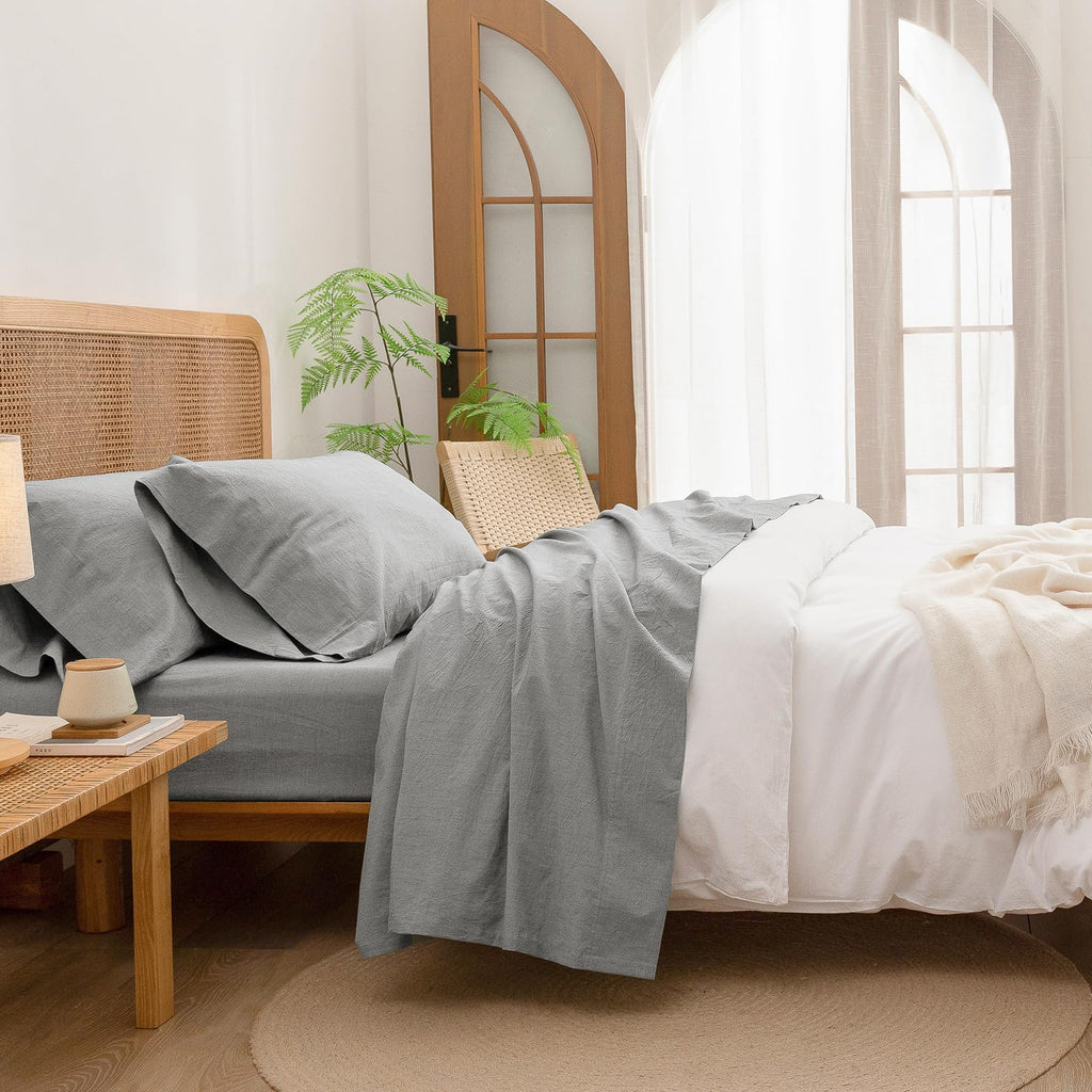 BESTOUCH Sheet Set 100% Washed Cotton Linen Feel Super Soft Comfortable Chic Lightweight 4 Pcs Home Bedding Set Solid Light Grey