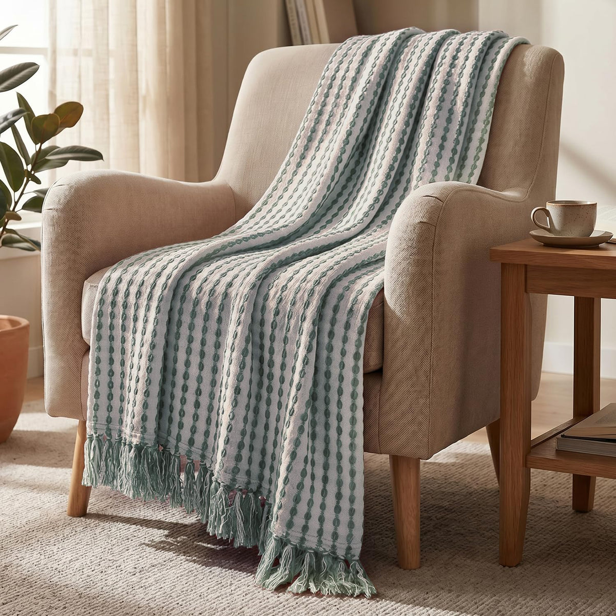 HOKIPO Sage Mint Weaved Cotton Sofa Throw 50X60 Inches, Decorative Blanket for Sofa, Bed, Living Room & Chair, Willow Breeze S