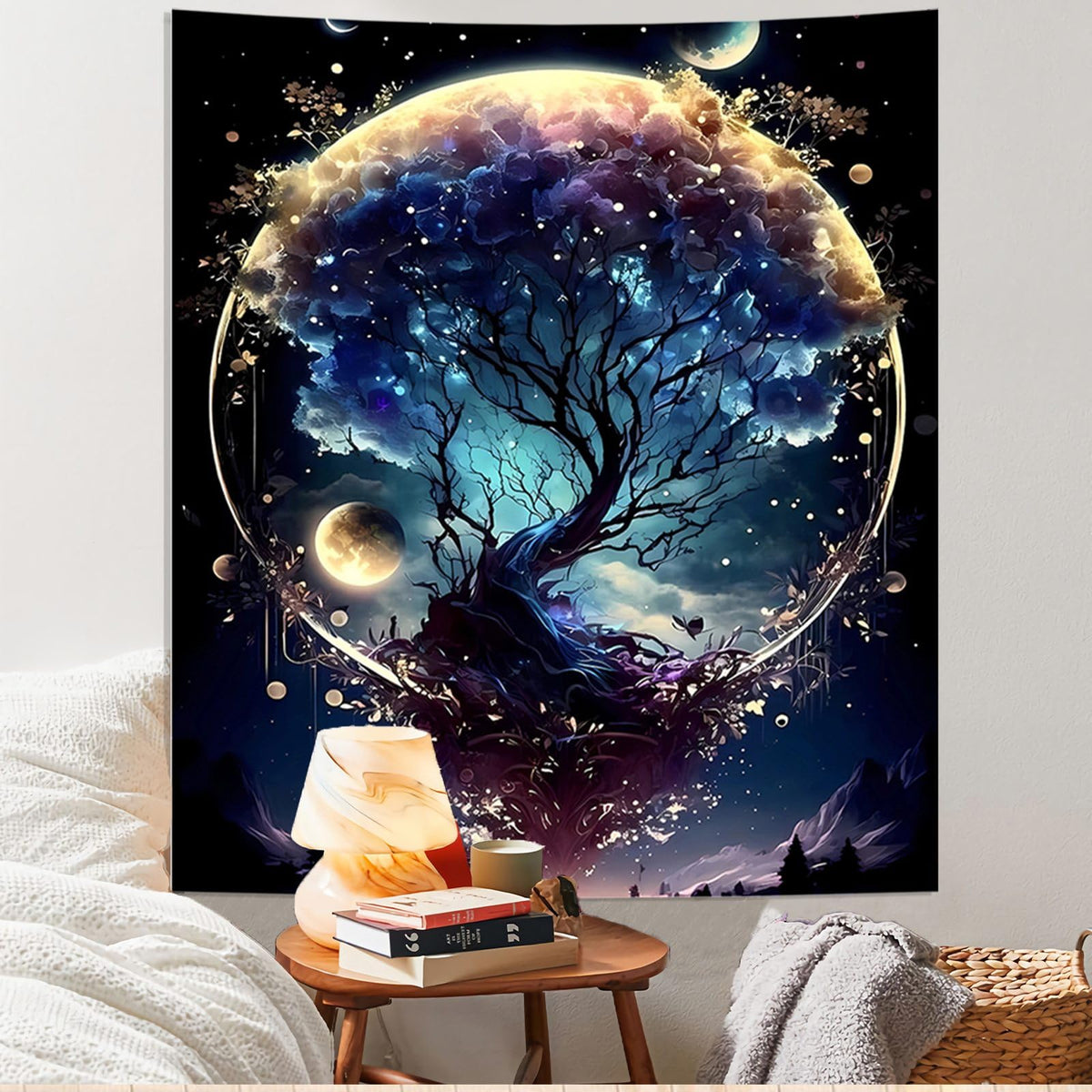 Atrippy Fantasy Moon Tree of Life Tapestry Wall Hanging Vertical Black Nature Wall Art Tapestry for Bedroom Norse Space Landscape Aesthetic Decor Posters for Living Room Dorm 51×60 Inches