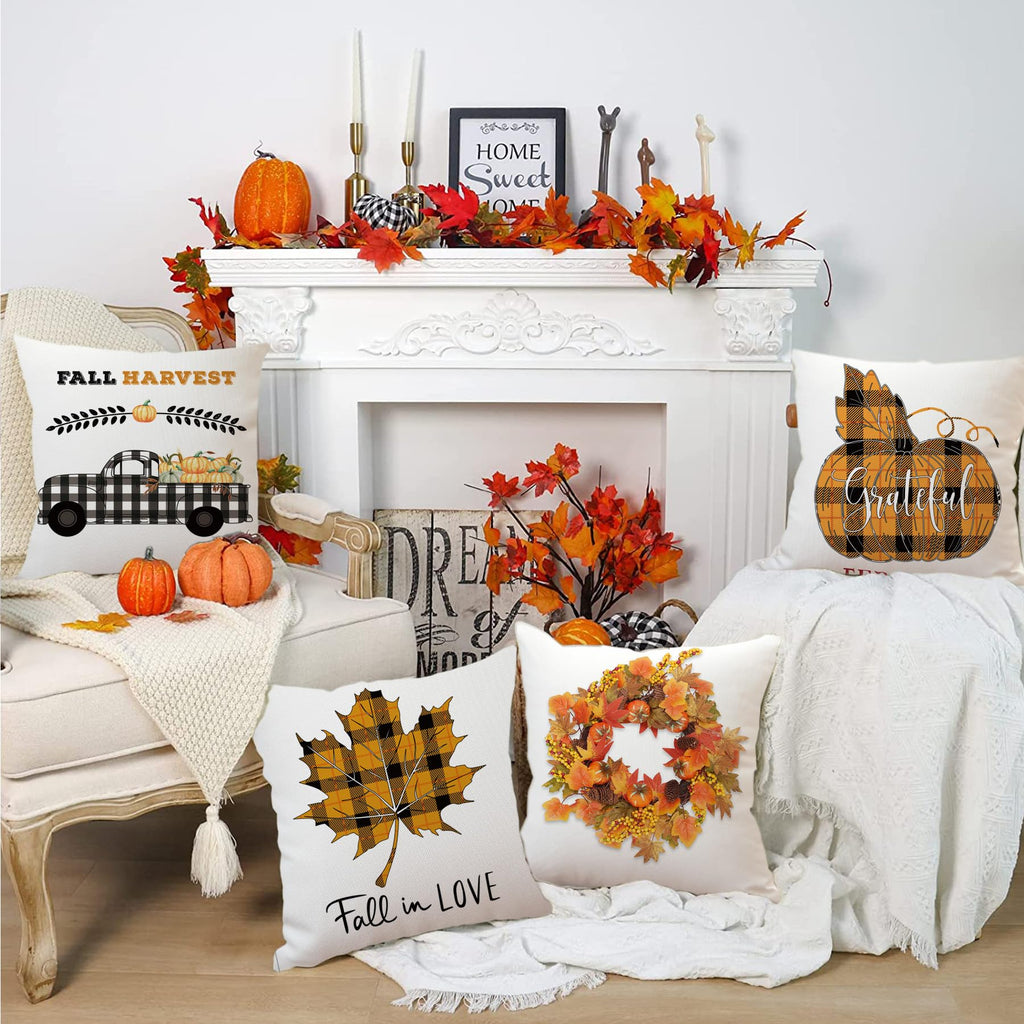 18X18 Fall Pillow Cover Set Of 4 Harvest Buffalo Plaid Wreath Pumpkin Maple Leaves Truck Throw Pillows Cases Thanksgiving Hallow