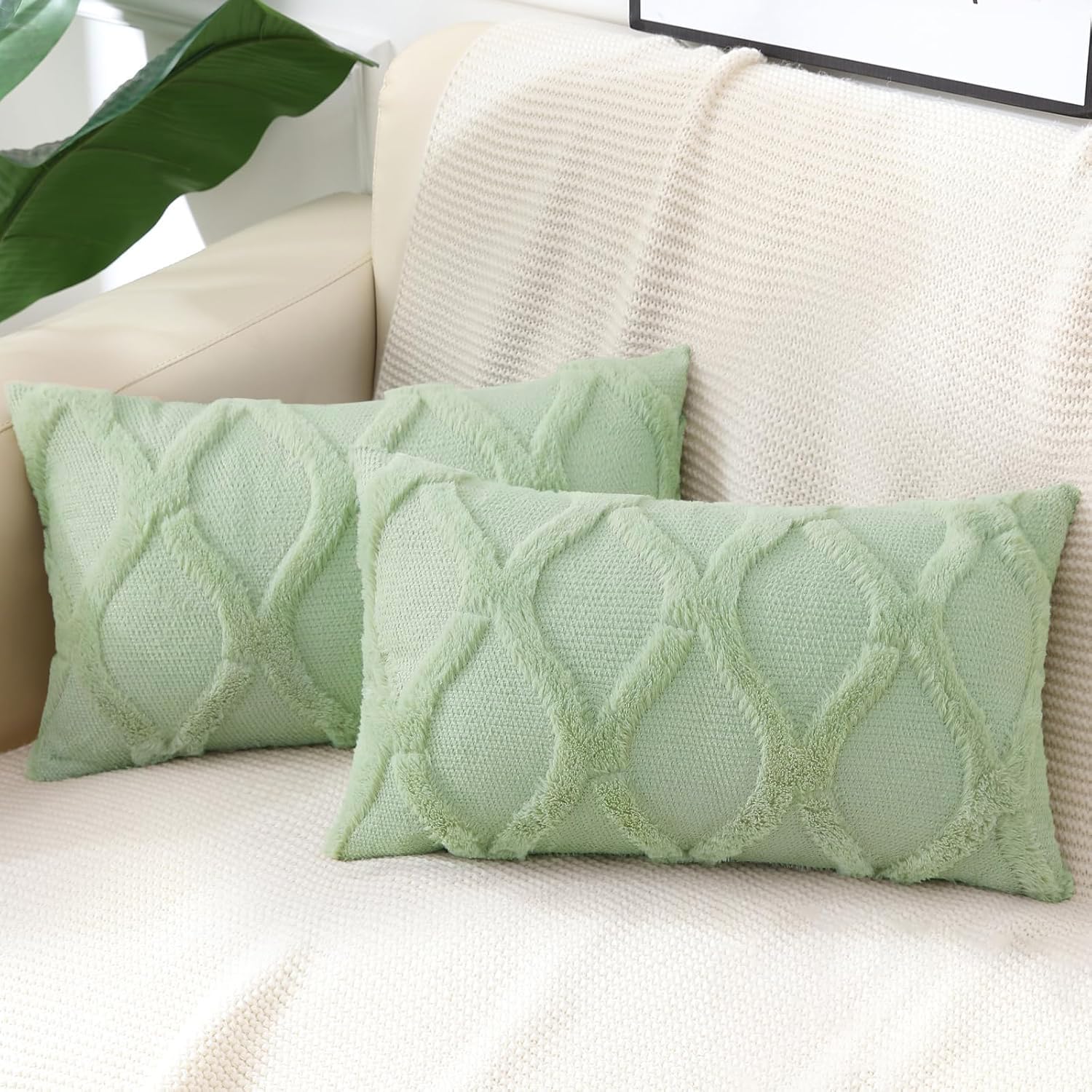 Decoruhome Spring Throw Pillow Covers 12X20 Inch Set Of 2, Soft Plush Faux Fur Wool Lumbar Sage Green Couch Pillow Covers, Decorative Pillow Cases For Bed Sofa Living Room Home Decor