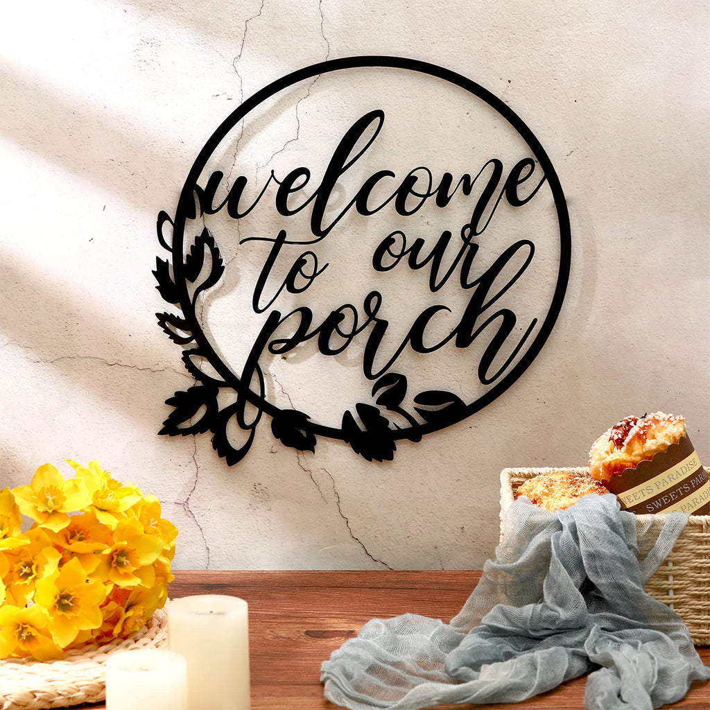 Hotop Welcome to Our Porch Metal Sign Black 11.8 Inch Wall Hanging Decor for Kitchen Farmhouse Home Office Wall Outdoor Decorati