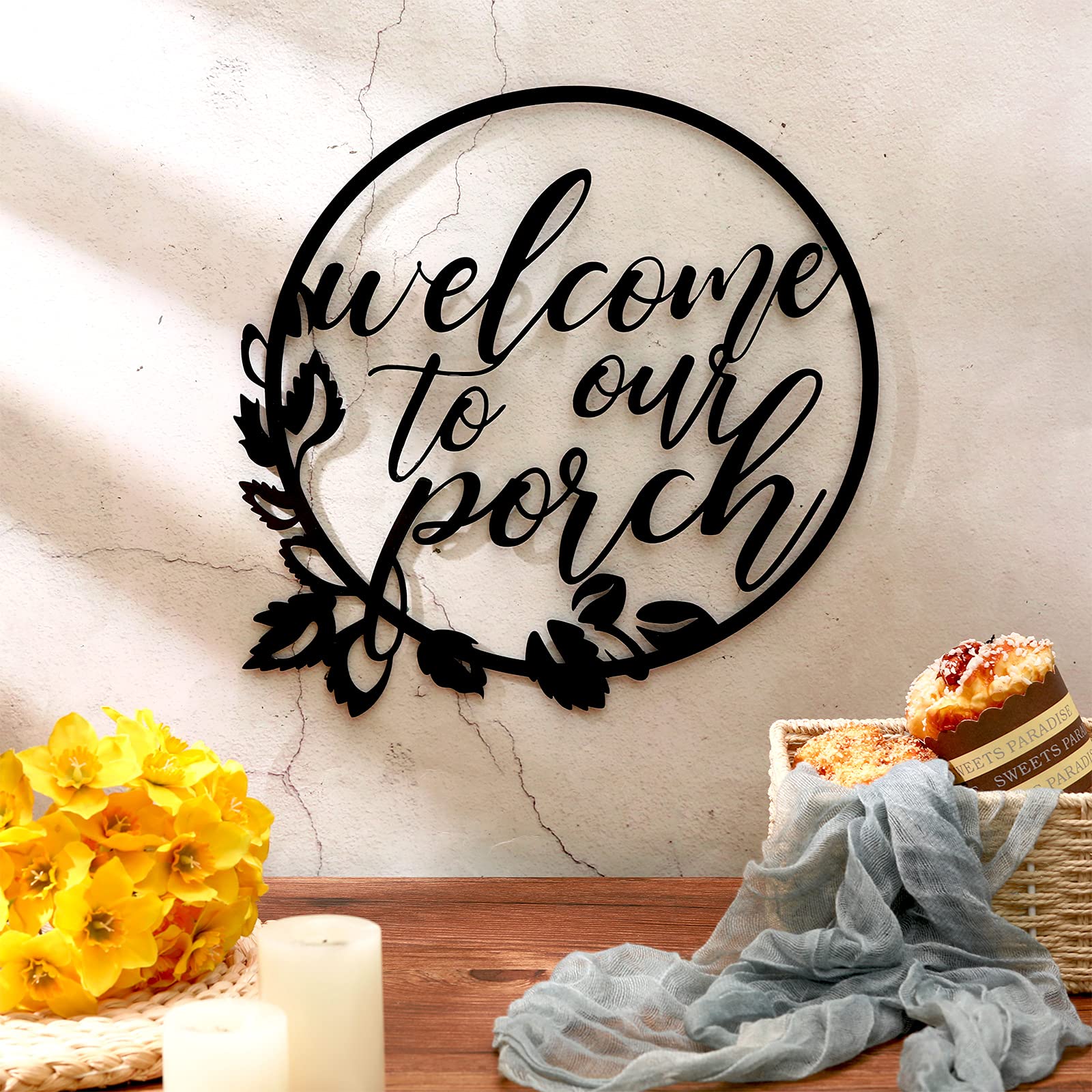 Hotop Welcome to Our Porch Metal Sign Black 11.8 Inch Wall Hanging Decor for Kitchen Farmhouse Home Office Wall Outdoor Decorati