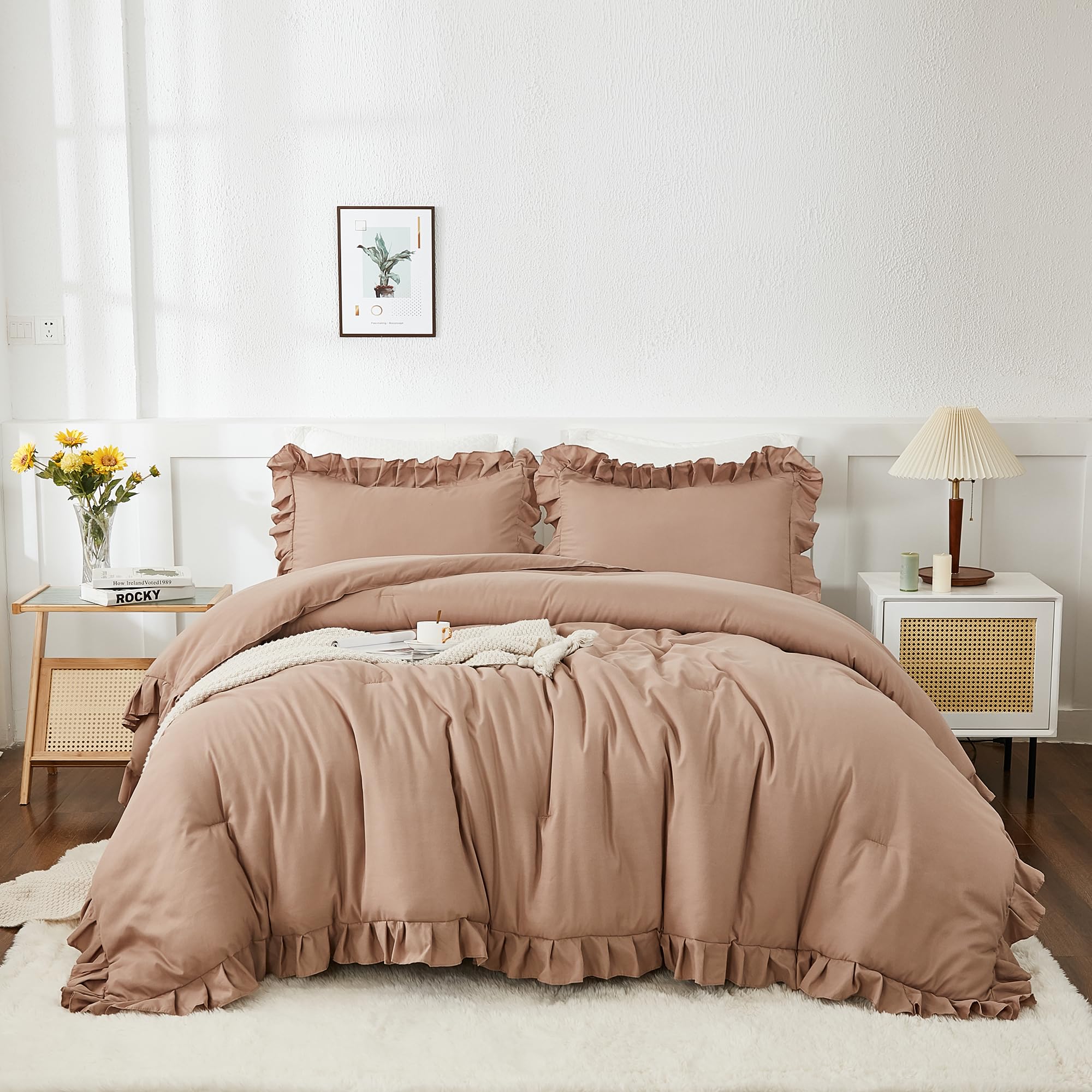 Andency Taupe Queen Comforter Set(90X90Inch), 3 Pieces(1 Ruffle Comforter And 2 Pillowcases) Solid Bedding Comforter Sets For Qu