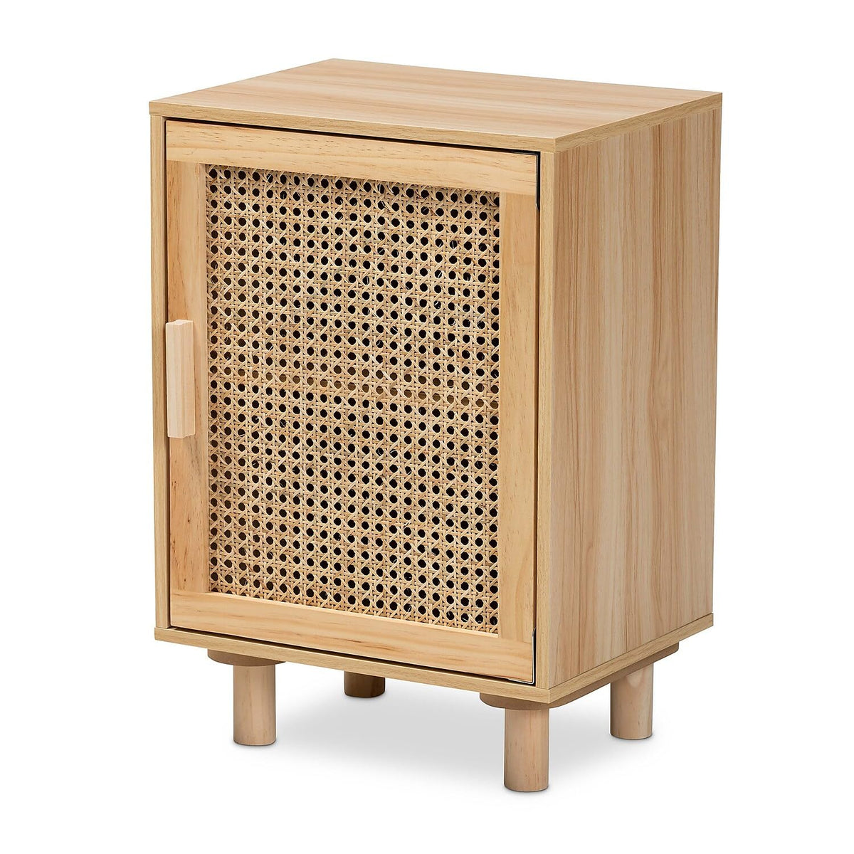 Baxton Studio Maclean Midcentury Modern Rattan And Natural Brown Finished Wood 1Door Nightstand