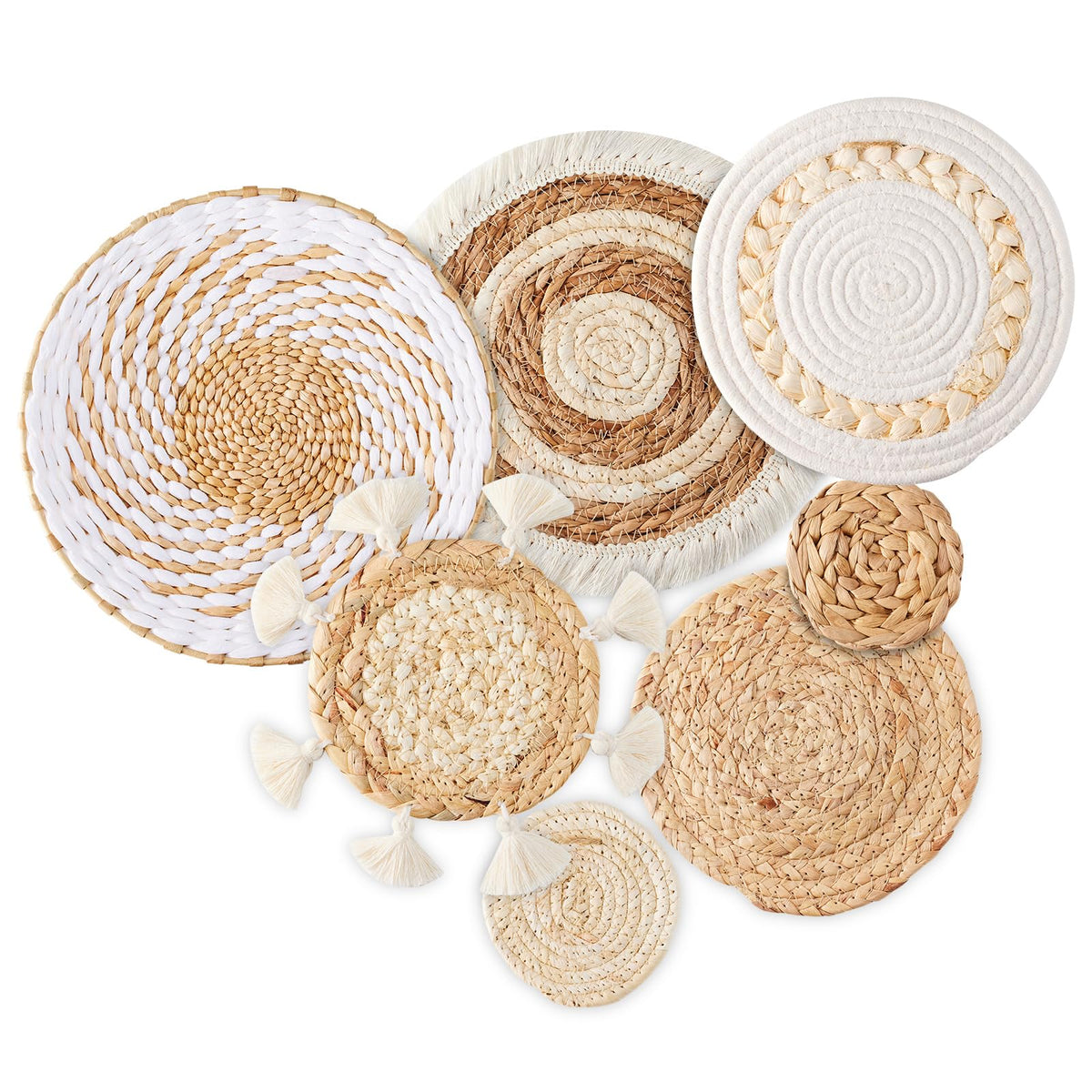 7 Pack Boho Wall Basket Decor - Seagrass Rattan Wicker Wall Decor Round Handmade Hanging Rustic Flat Elegant Wall Art for Farmho