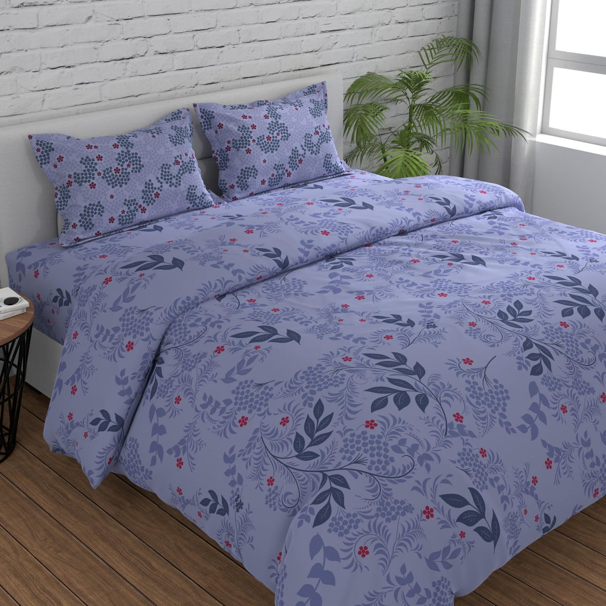 Huesland By Ahmedabad Cotton 144 Tc Cotton Double Bed Sheet For Double Bed With 2 Pillow Covers | Botanical Bliss | Light Purple