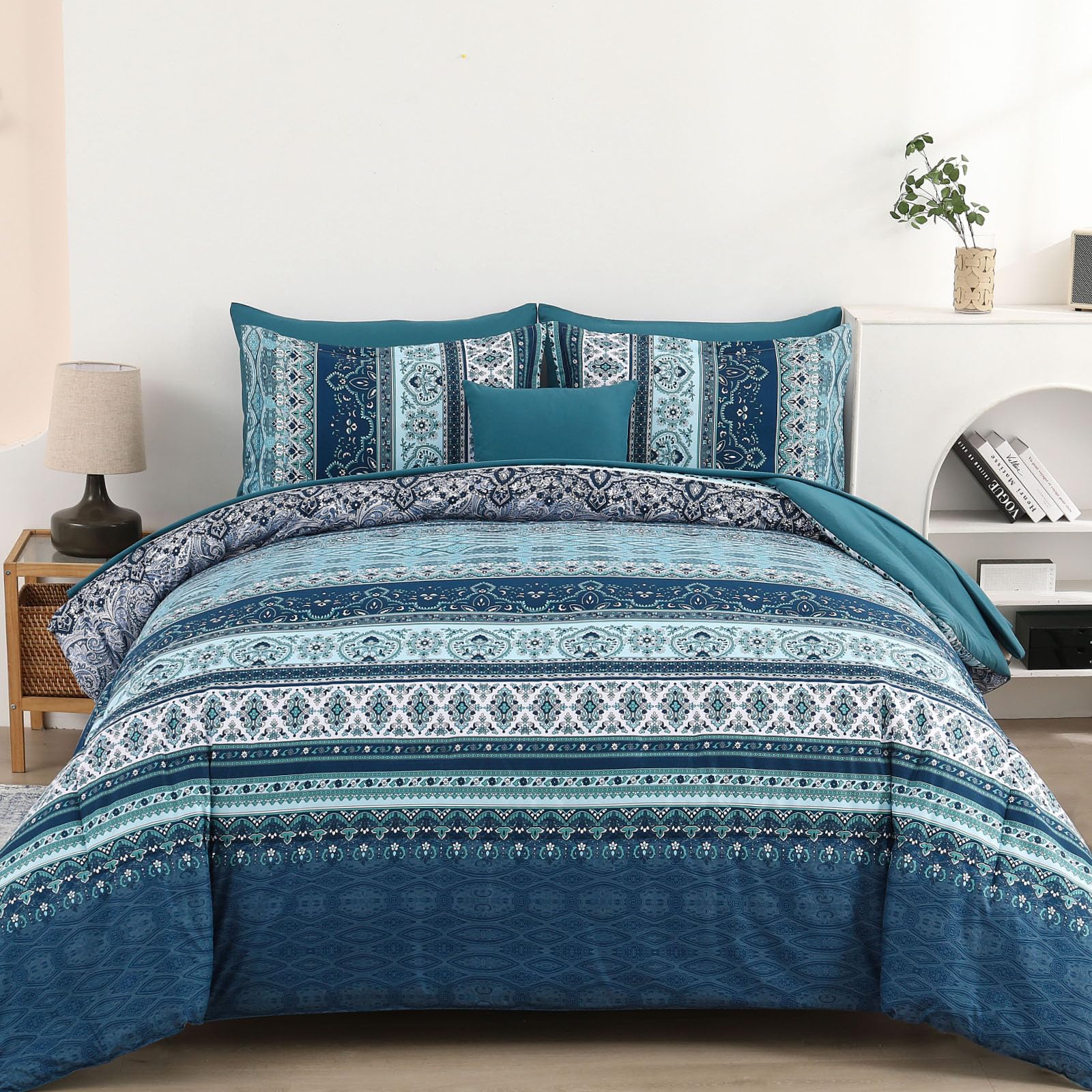 Boho King Size Comforter Set 8 Pieces, Teal Blue Comforter Bohemian Striped Bed In A Bag, Soft Microfiber Bedding Set For All Se