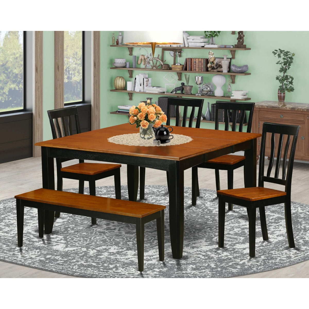 East West Furniture PFAN6-BCH-W 6 Piece Modern Dining Table Set Contains a Square Wooden Table with Butterfly Leaf and 4 Dining Room Chairs with a Bench, 54x54 Inch, Black & Cherry