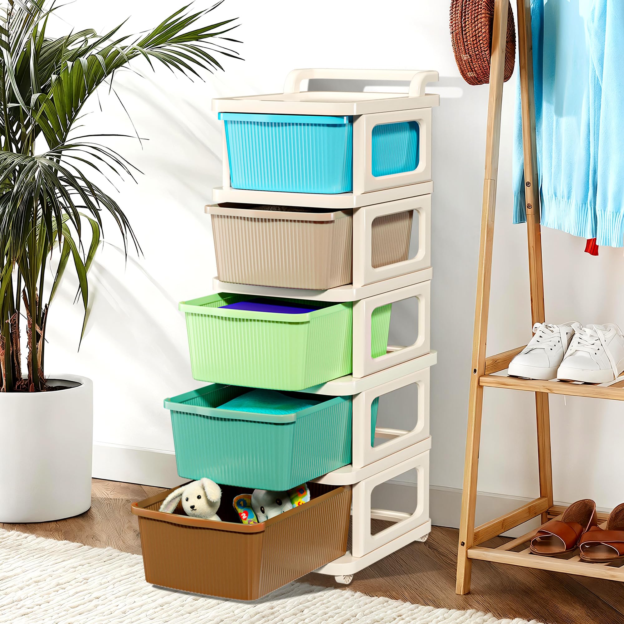 Kuber Industries 5 Layer Plastic Modular Storage Drawer Organizer With Wheels | Chest Of Drawer Storage Box For Living Room, Off