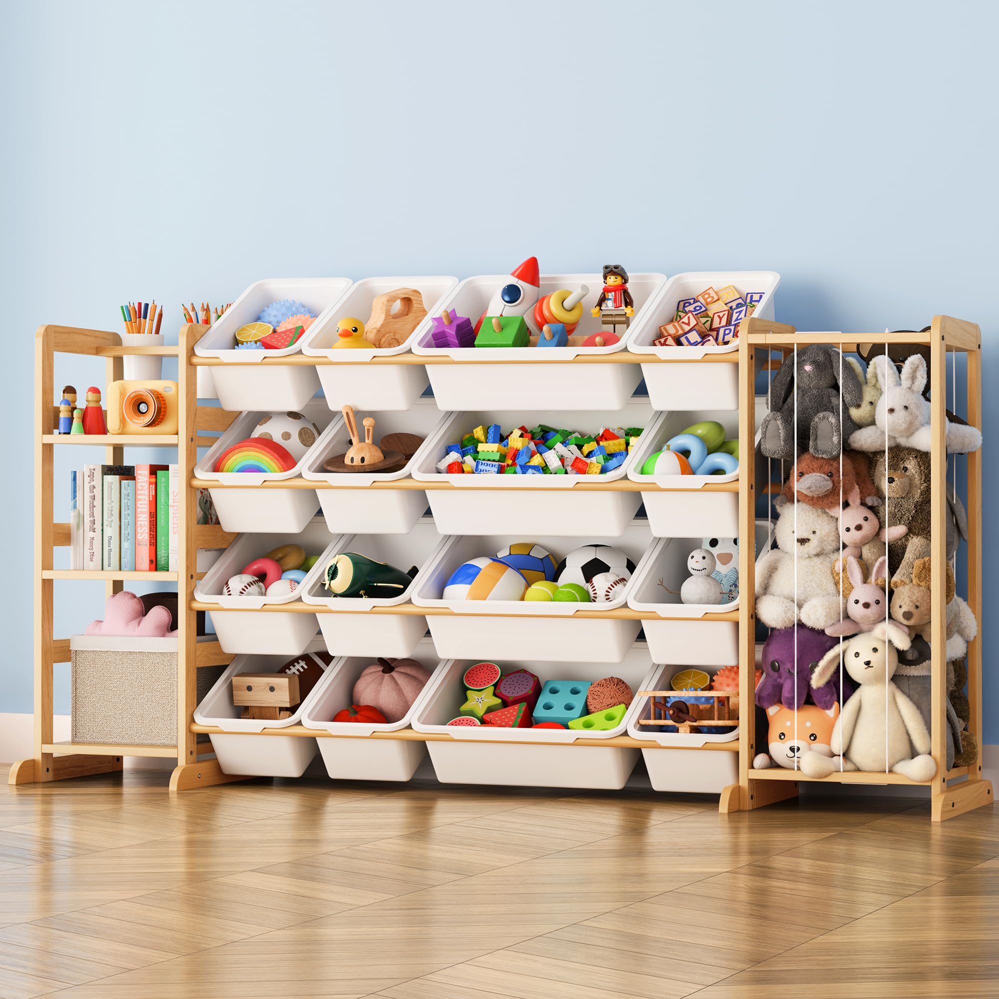 Toy Storage Organizer with Bookshelf and Stuffed Animal Storage - Playroom Organization with Shelves and 12 Bins - Living Room B