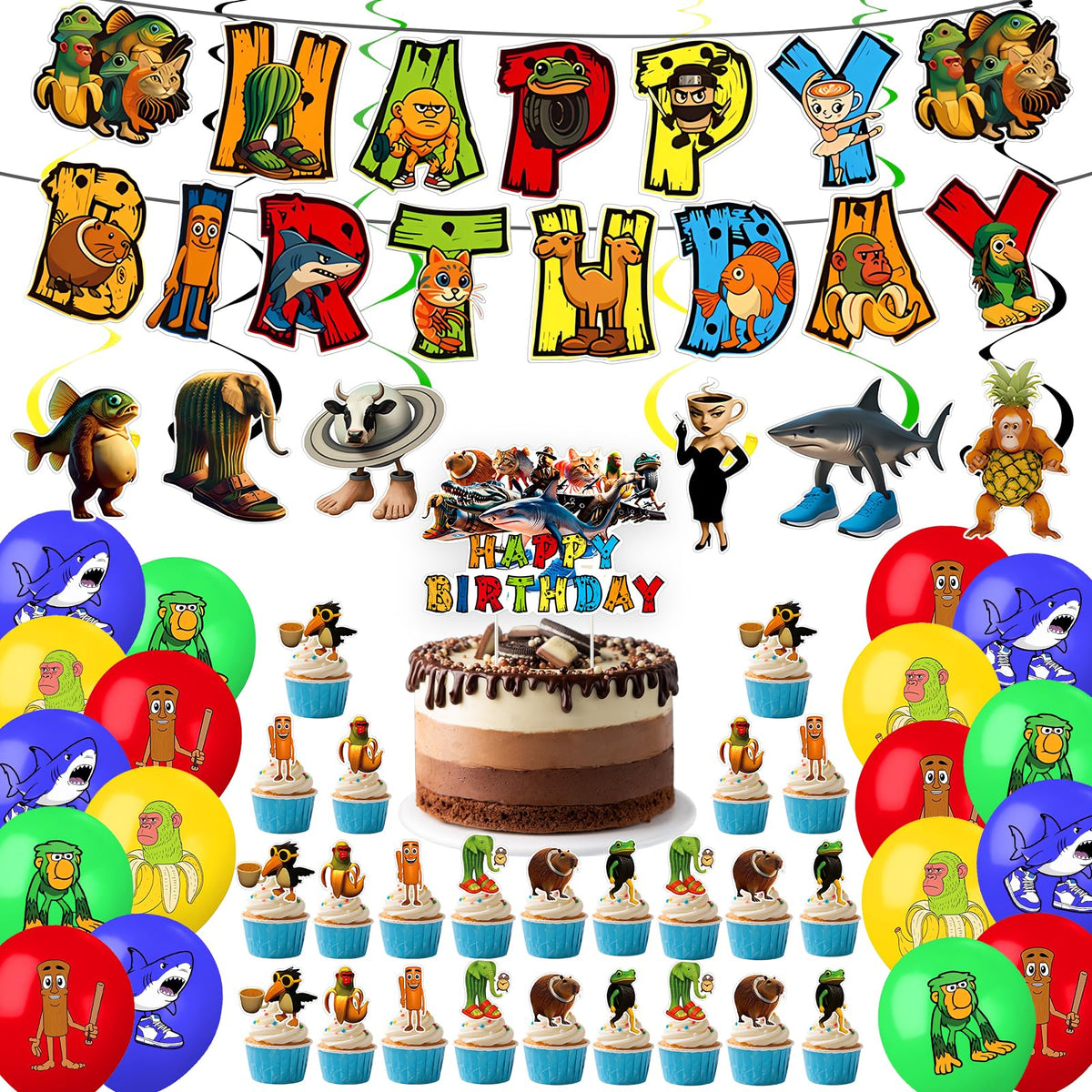 50pcs Italian Brainrot Birthday Decorations,Italian Brainrot Party Decorations, Happy Birthday Decor, Includes BannerCake Toppe