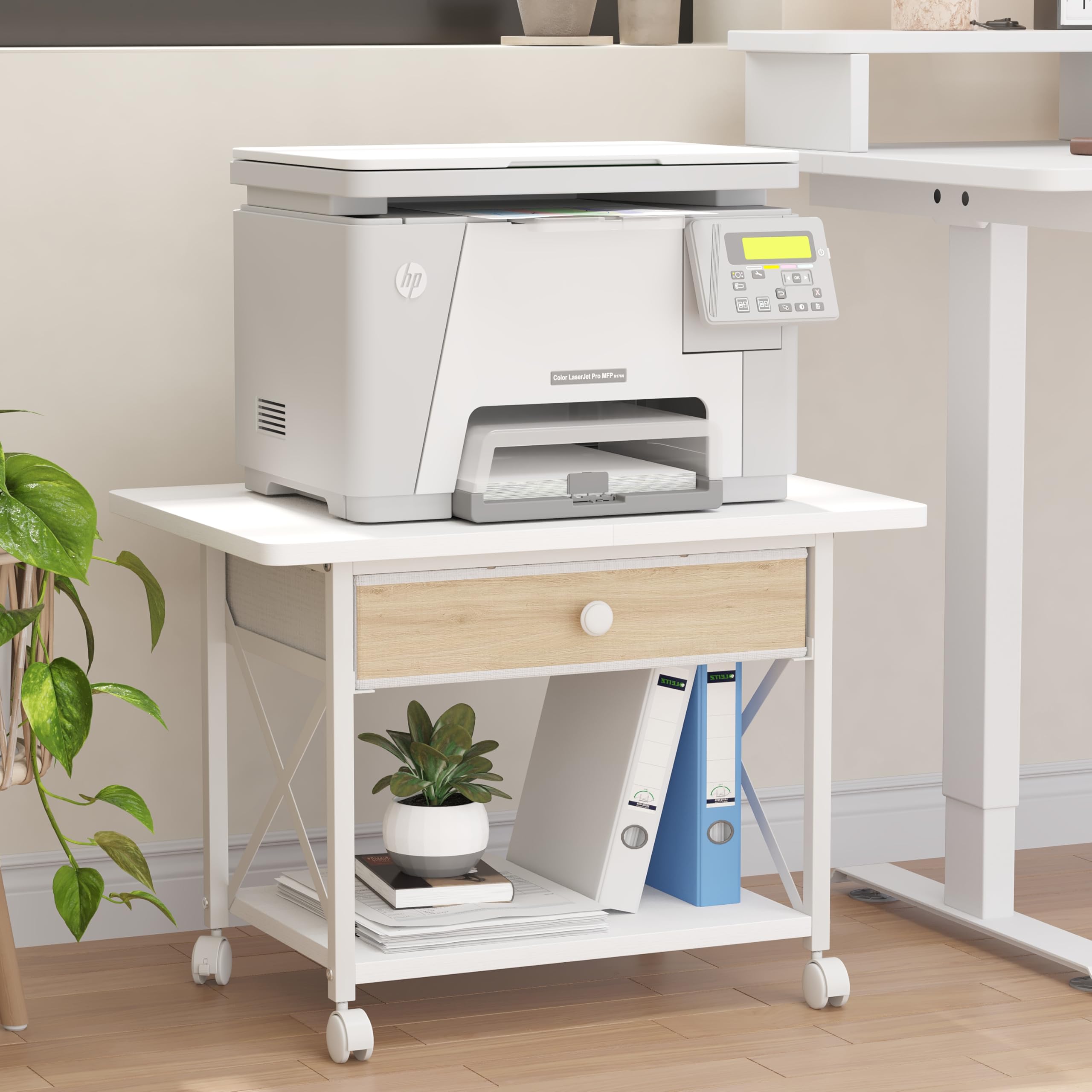 EasyCom 23.6 x 15.7 Under Desk Printer Stand with Storage Drawer, 2-Tier Shelf Desktop Printer Table for Desk with Wheels, Large