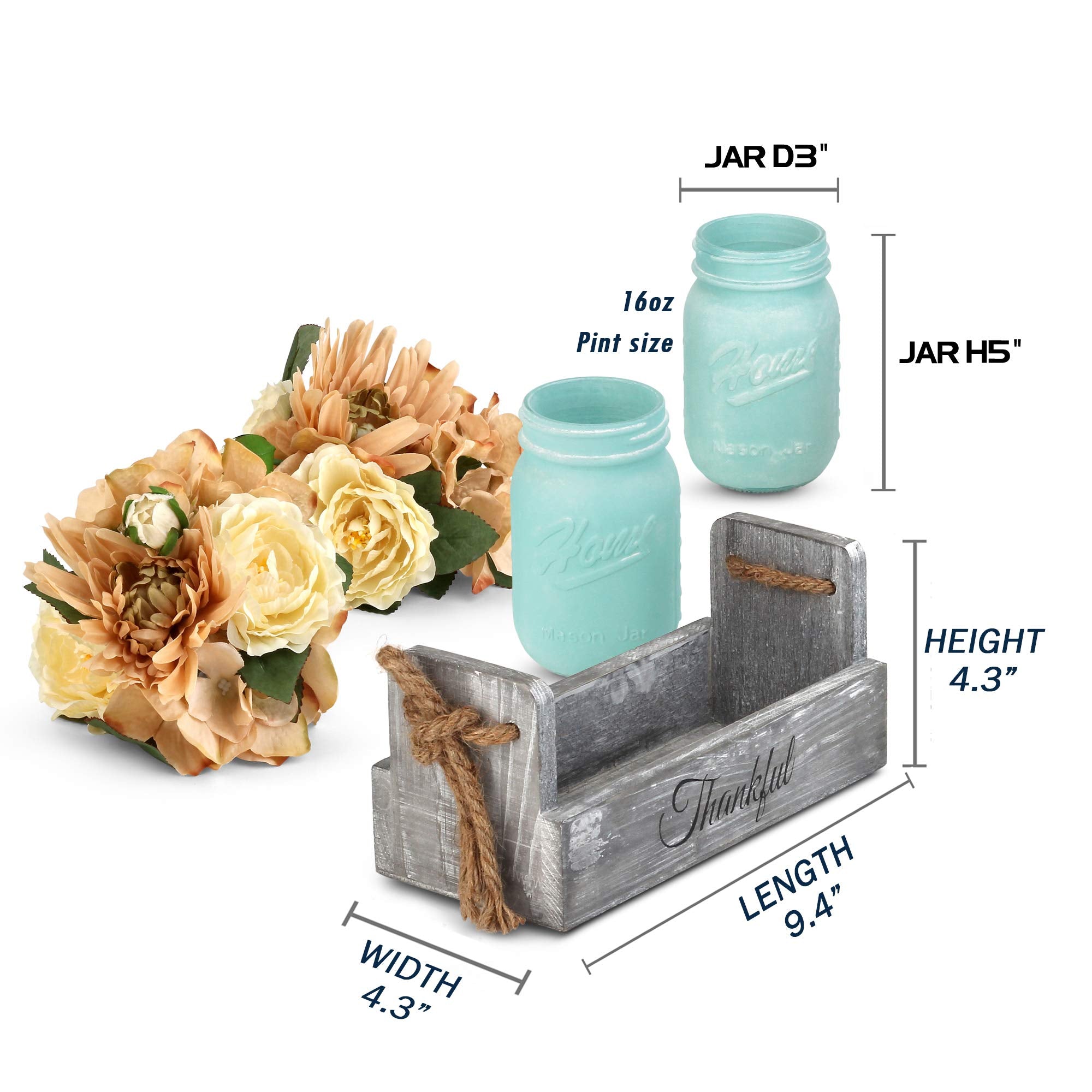 Besuerte Rustic Table Centerpiece Decor-Decorative Thankful Wood Tray With 2 Painted Mason Jars, Rose Bouquet Flowers For Home,D