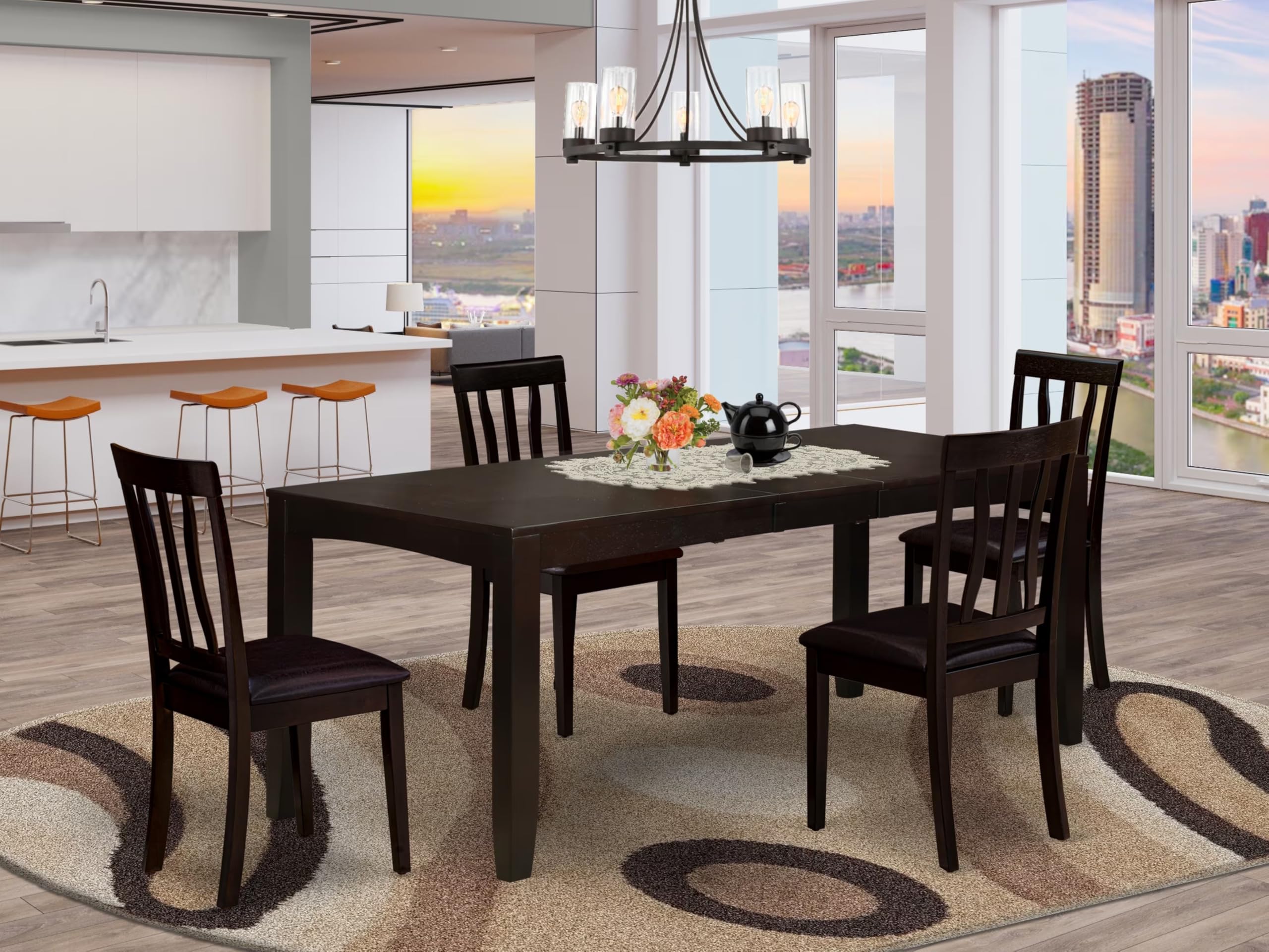 East West Furniture LYAN5-CAP-LC Lynfield 5 Piece Modern Set Includes a Rectangle Wooden Table with Butterfly Leaf and 4 Faux Leather Kitchen Dining Chairs, 36x66 Inch, Cappuccino