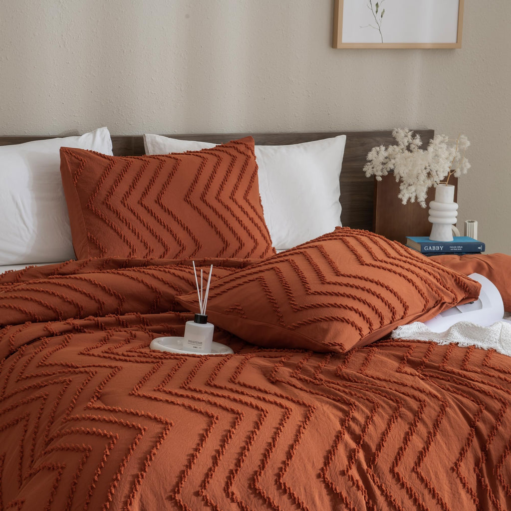 Andency Burnt Orange King Size Comforter, Boho Terracotta Soft Warm Bedding Comforter Sets For King Bed, 3 Pieces Rust Chevron Tufted Aesthetic Microfiber Lightweight Comforter Set