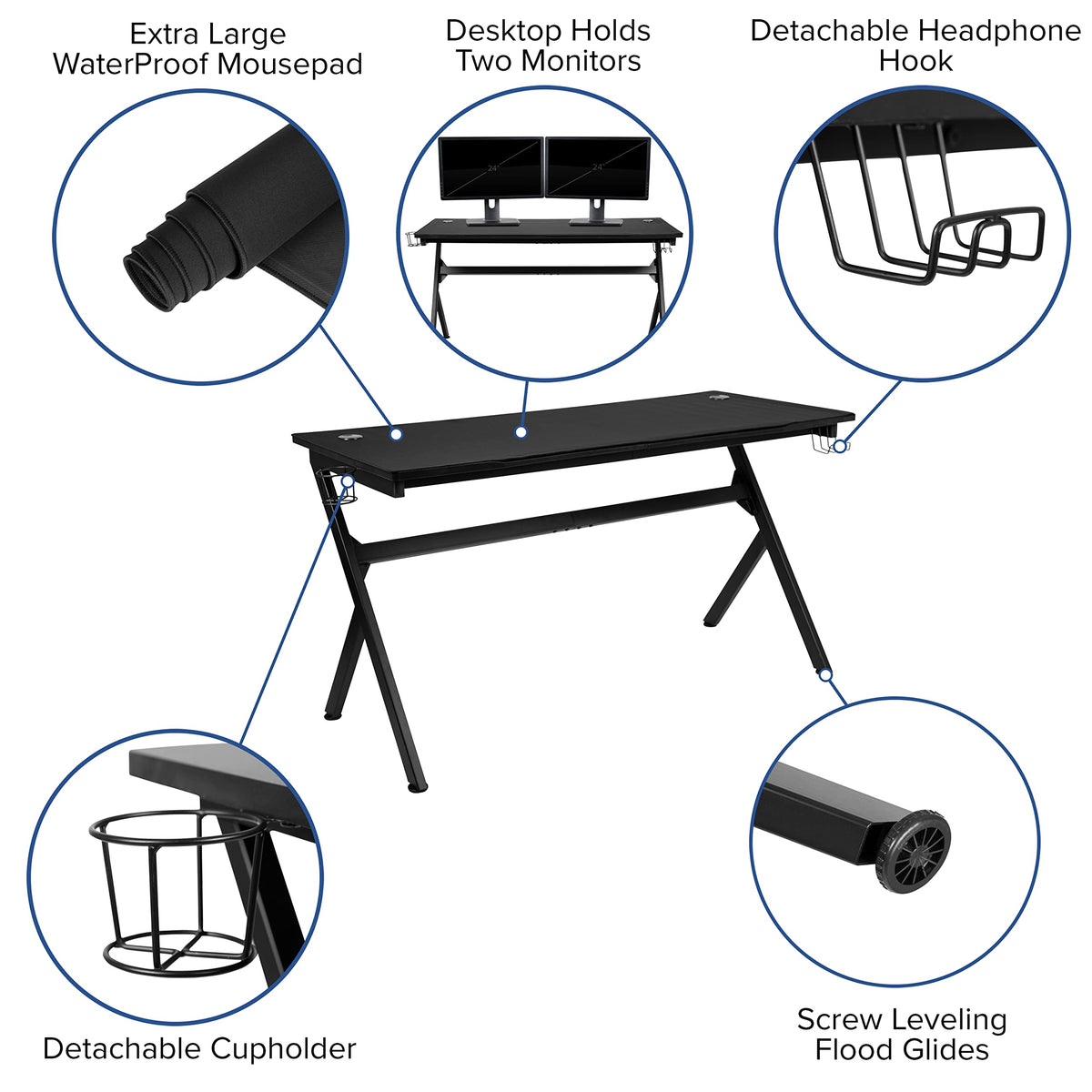 Flash Furniture Optis Gaming Desk with Cup Holder/Headphone Hook/Removable Mousepad Top & Black Reclining Back/Arms Gaming Chair with Footrest