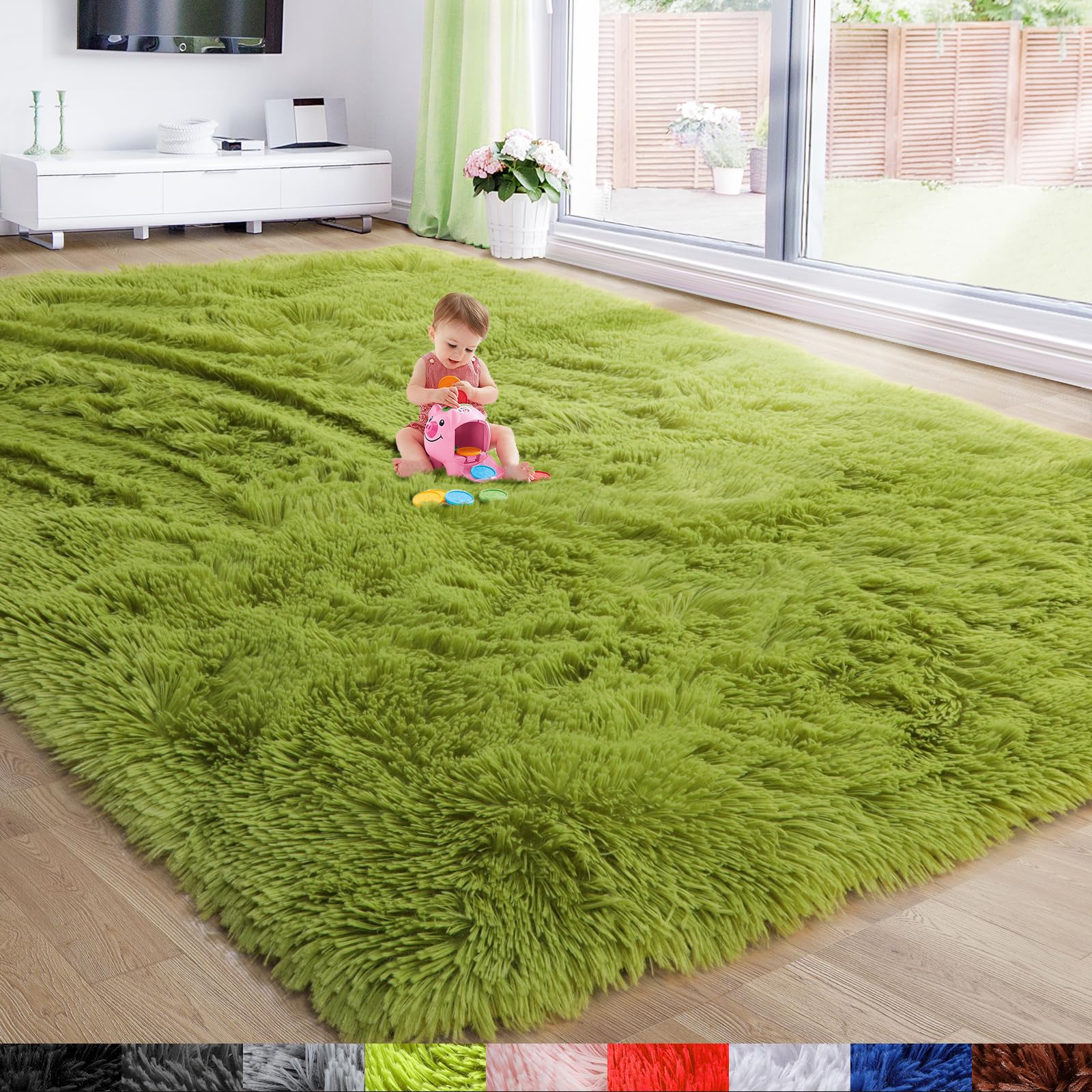 Amdrebio Grass Green Rugs for Living Room, 8x10 Carpet, Large Fluffy Area Rug for Bedroom, Shag Fuzzy Furry Rug for Kids Room De