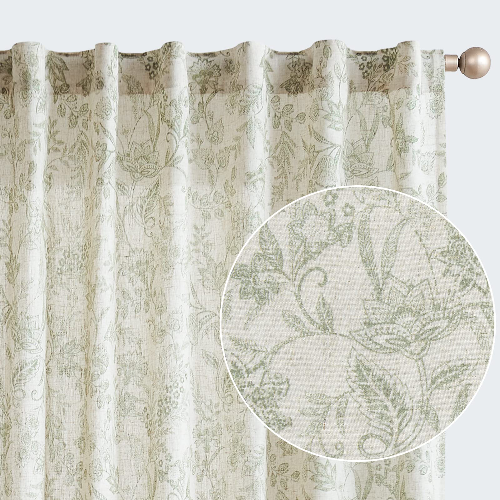 Jinchan Floral Curtains Linen Curtains For Living Room Green French Country Farmhouse Curtains 84 Inches Long Light Filtering Wi