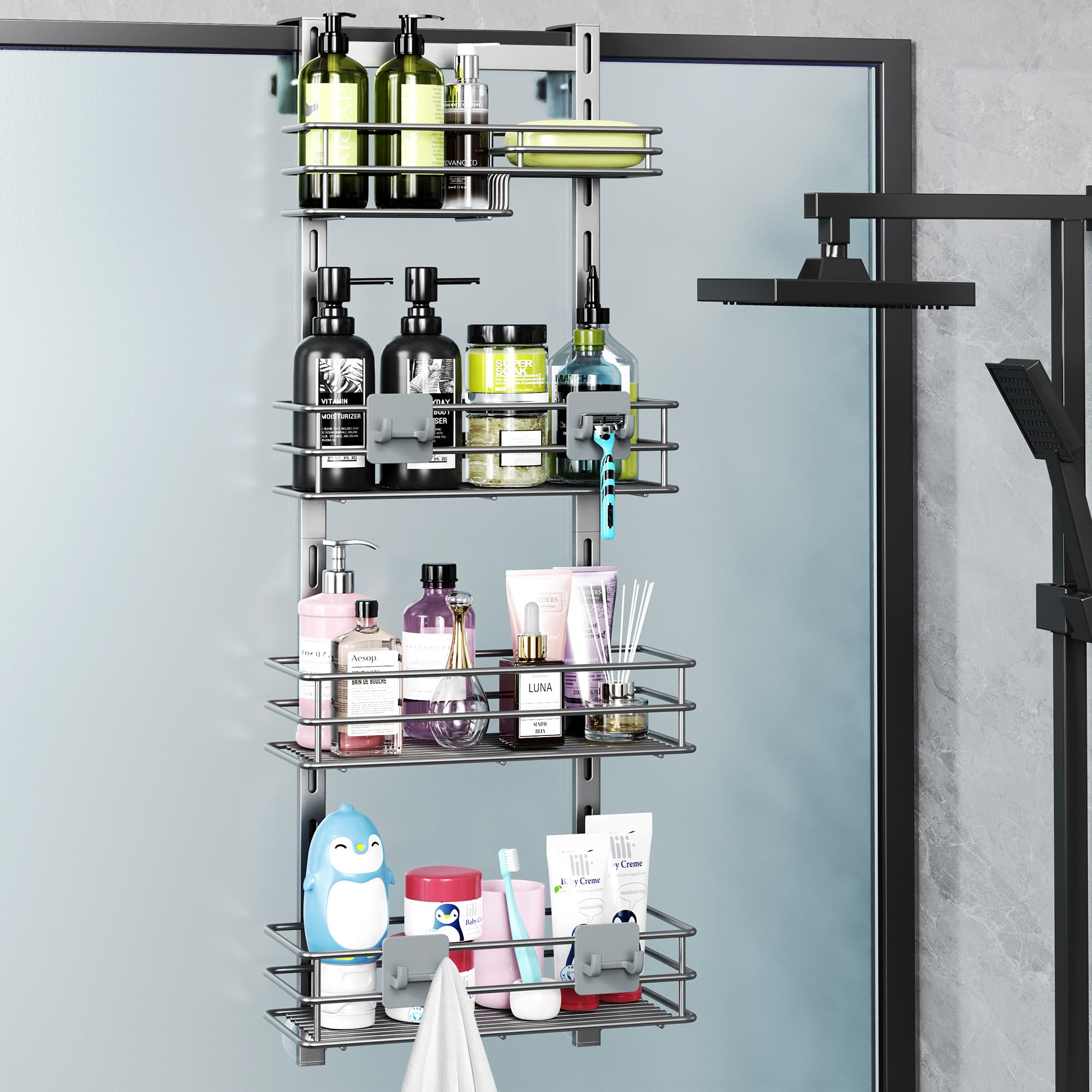 Orimade Shower Caddy Adjustable Height 4 Tier Silver,Bathroom Hanging Over the Door Organizer Shelf Rustproof with 4 Hooks,Showe