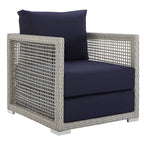 Modway Aura Outdoor Patio Wicker Rattan, Side Table And Two Armchairs, Gray Navy