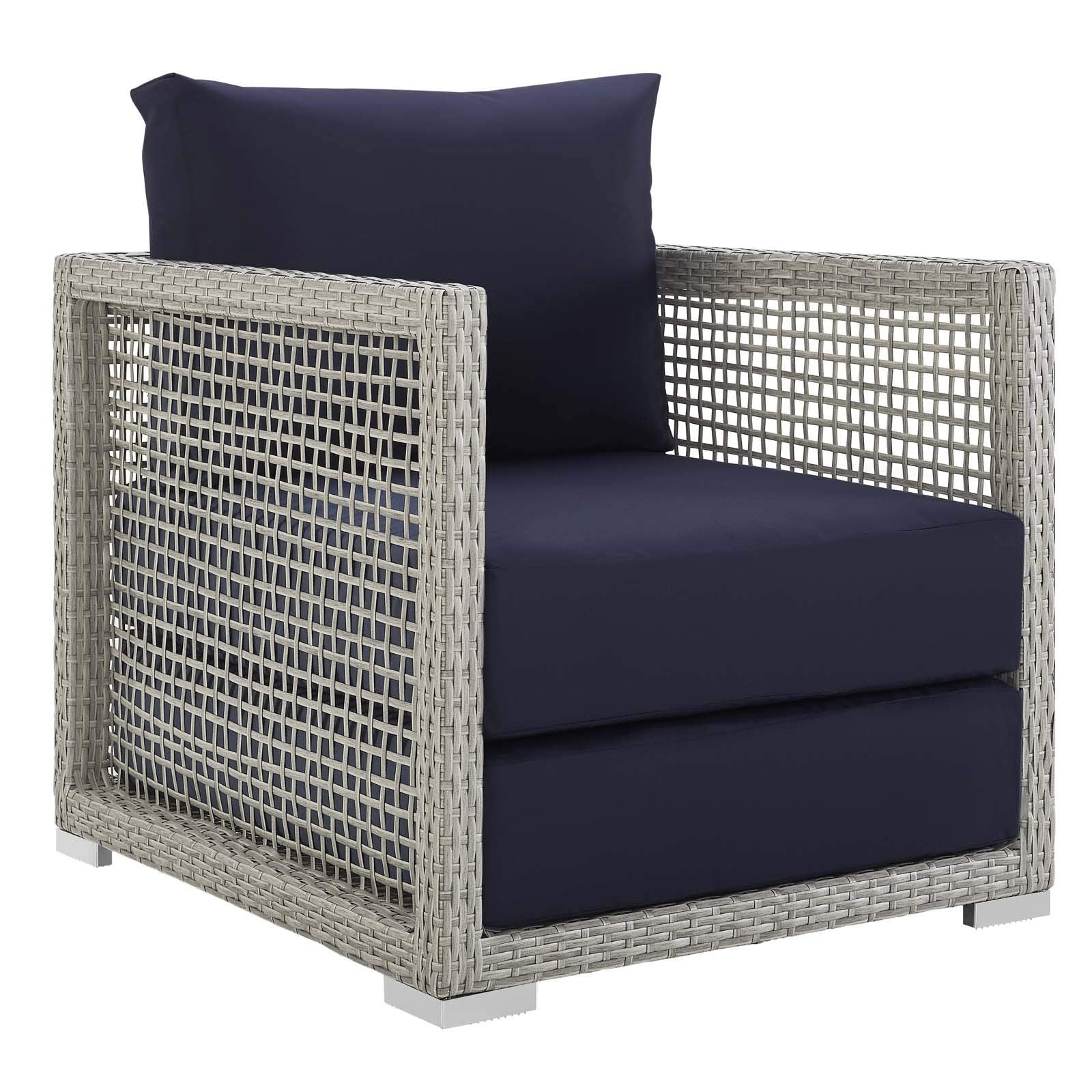 Modway Aura Outdoor Patio Wicker Rattan, Side Table And Two Armchairs, Gray Navy