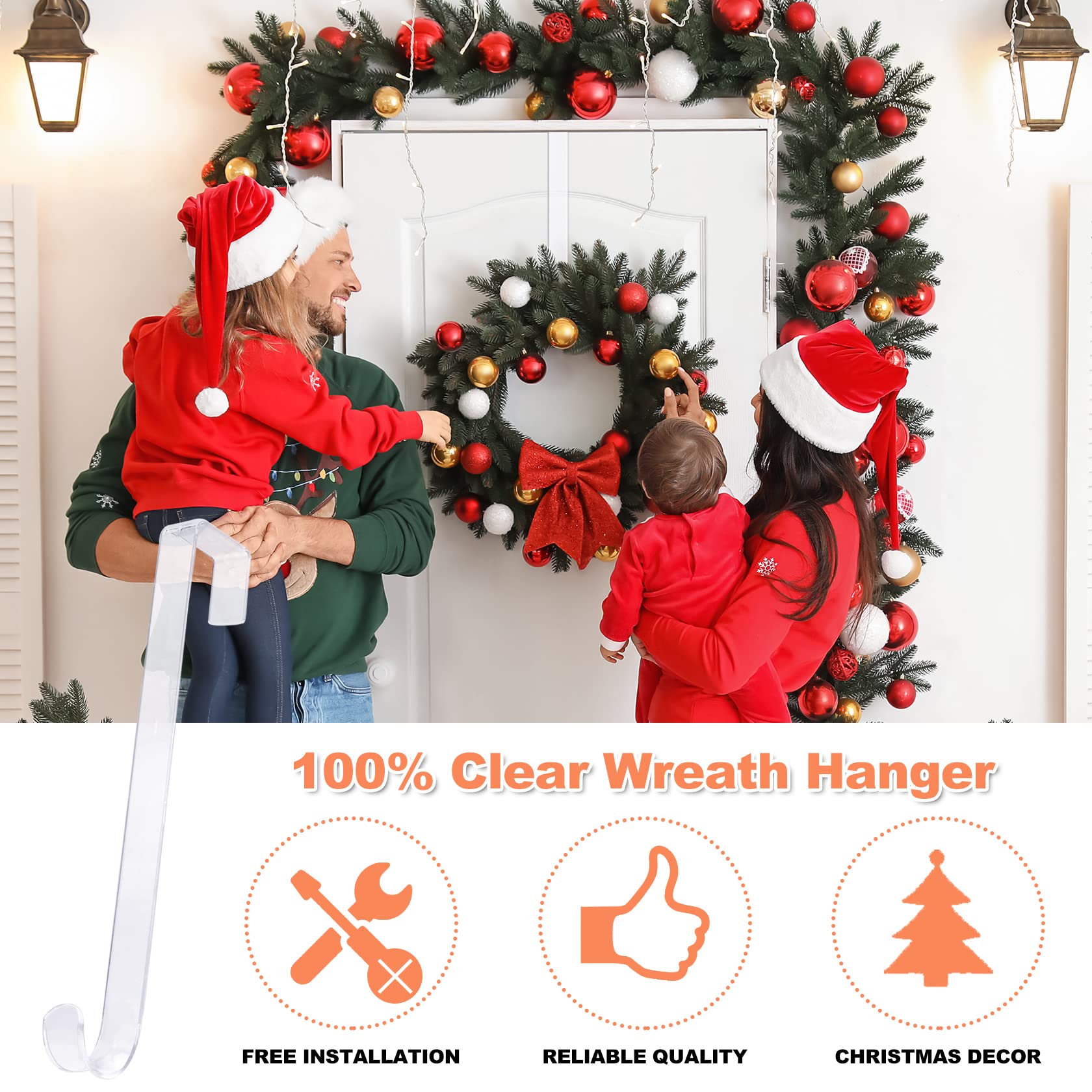 15' Clear Wreath-Hanger Non Scratch Over The Door Hooks,1 Pack Wreath-Door-Hanger Easter Halloween Christmas Decoration,Welcome