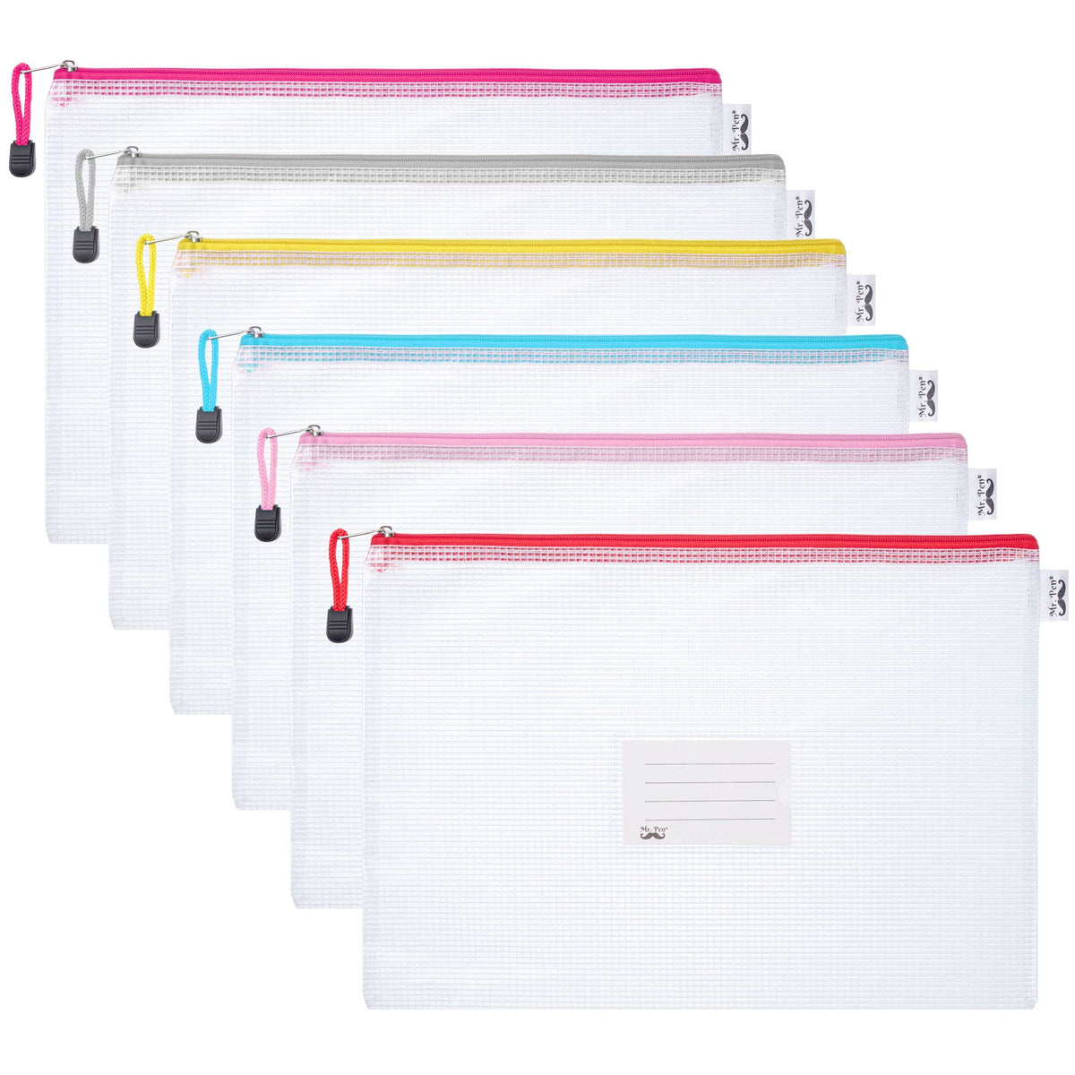 Mr. Pen Mesh Zipper Pouch, 6 Pack, A4/Letter Size, Multicolor, Modern Style, Ideal For Office, School, Travel
