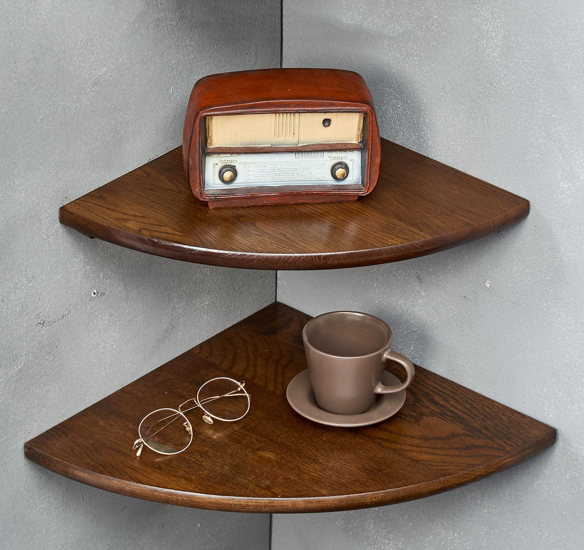 Corner Shelves, Floating Corner Shelf, Set Of 2 12Inch Solid Oak Wood Corner Wall Shelves, Round End With Wire Hole For Small Pl