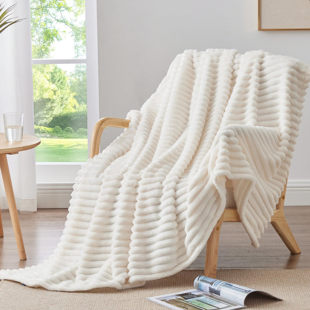 Bedelite Fleece Throw Blanket For Couch, 300Gsm Soft & Warm Fluffy Twin Blanket, Decorative And Giftable Striped Cream White Bla