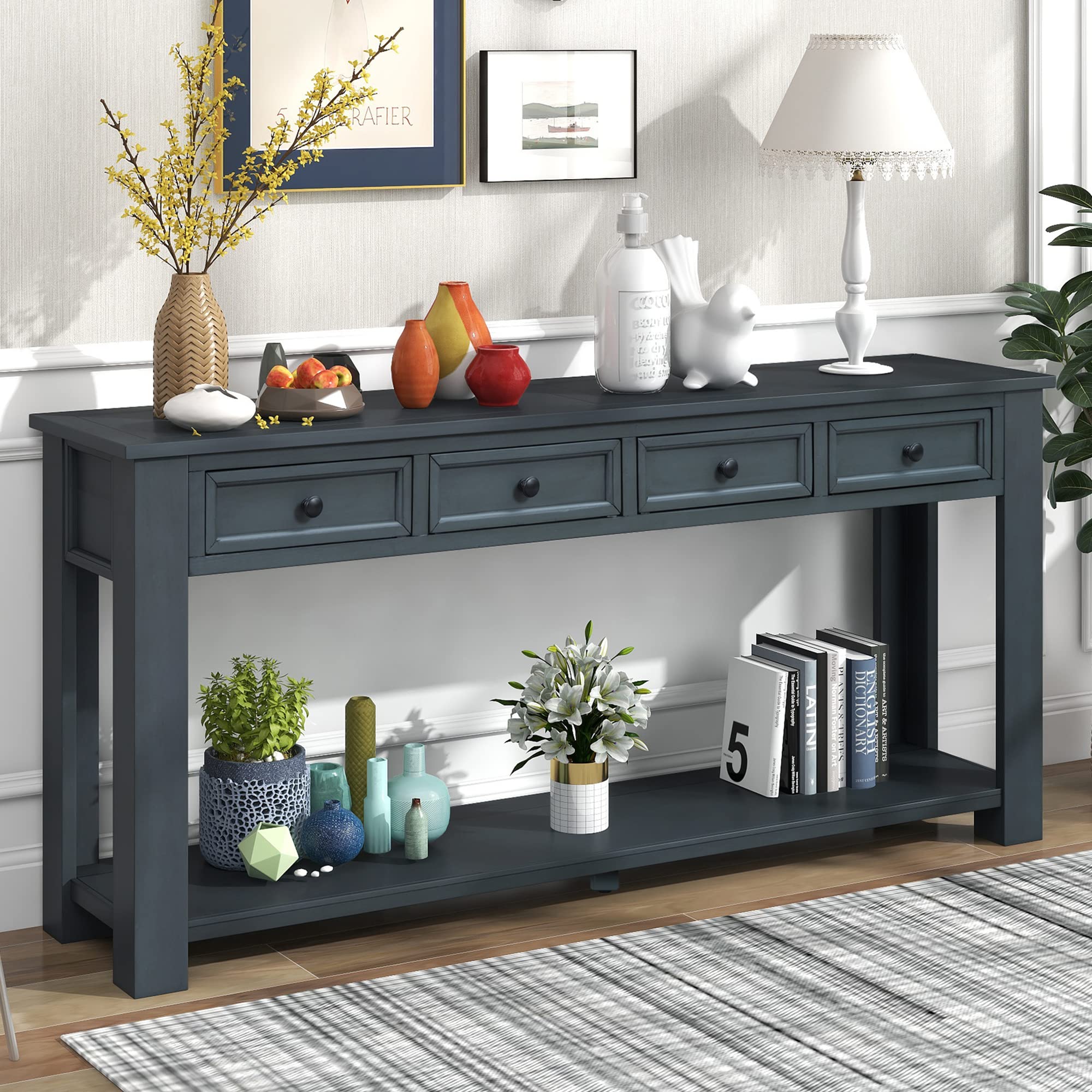 P PURLOVE Farmhouse Wood Console Table with Drawer,Long Console Sofa Entryway Table for Living Room,Entryway