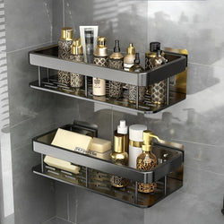 Zyphora 2 Pcs Aluminium Bathroom Wall Shelf Organiser, Adhesive Mount Storage Rack, 30 Cm, Rectangular, Black