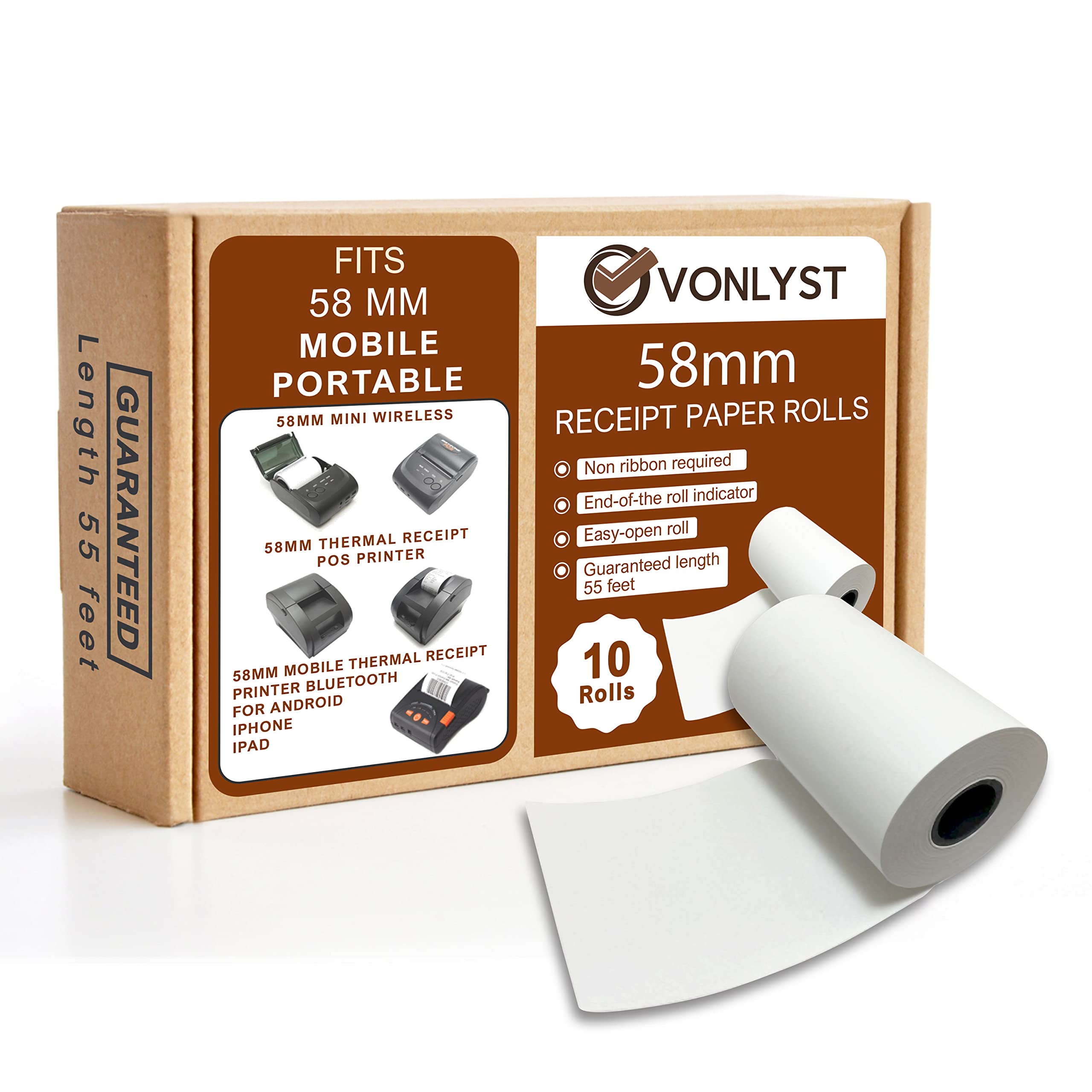 Vonlyst Receipt Paper Roll For 58Mm Mobile Portable Thermal Printer (Pack 10 Rolls)