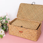 Moosky Wicker Shelf Baskets With Lid,Handwoven Seagrass Basket For Storage Basket Bins Rectangular Home Organizer Gift Boxes (Na