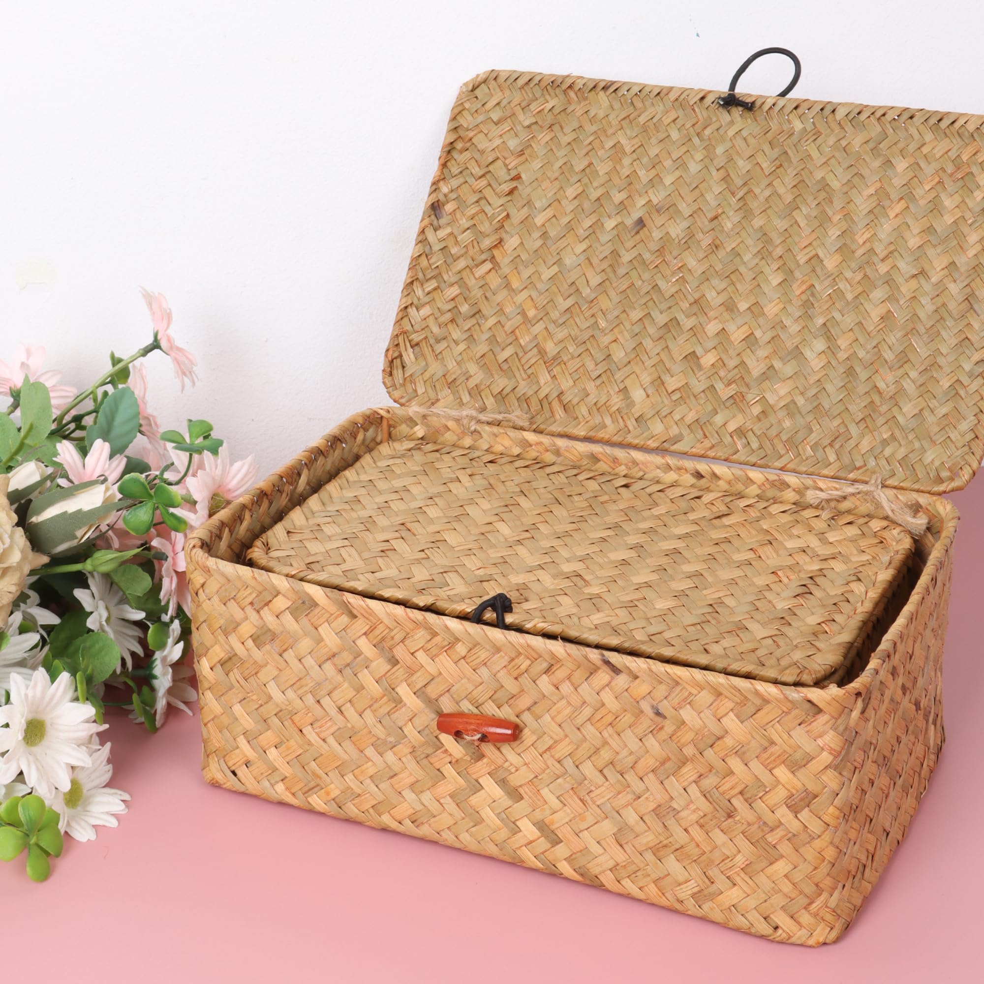 Moosky Wicker Shelf Baskets With Lid,Handwoven Seagrass Basket For Storage Basket Bins Rectangular Home Organizer Gift Boxes (Na