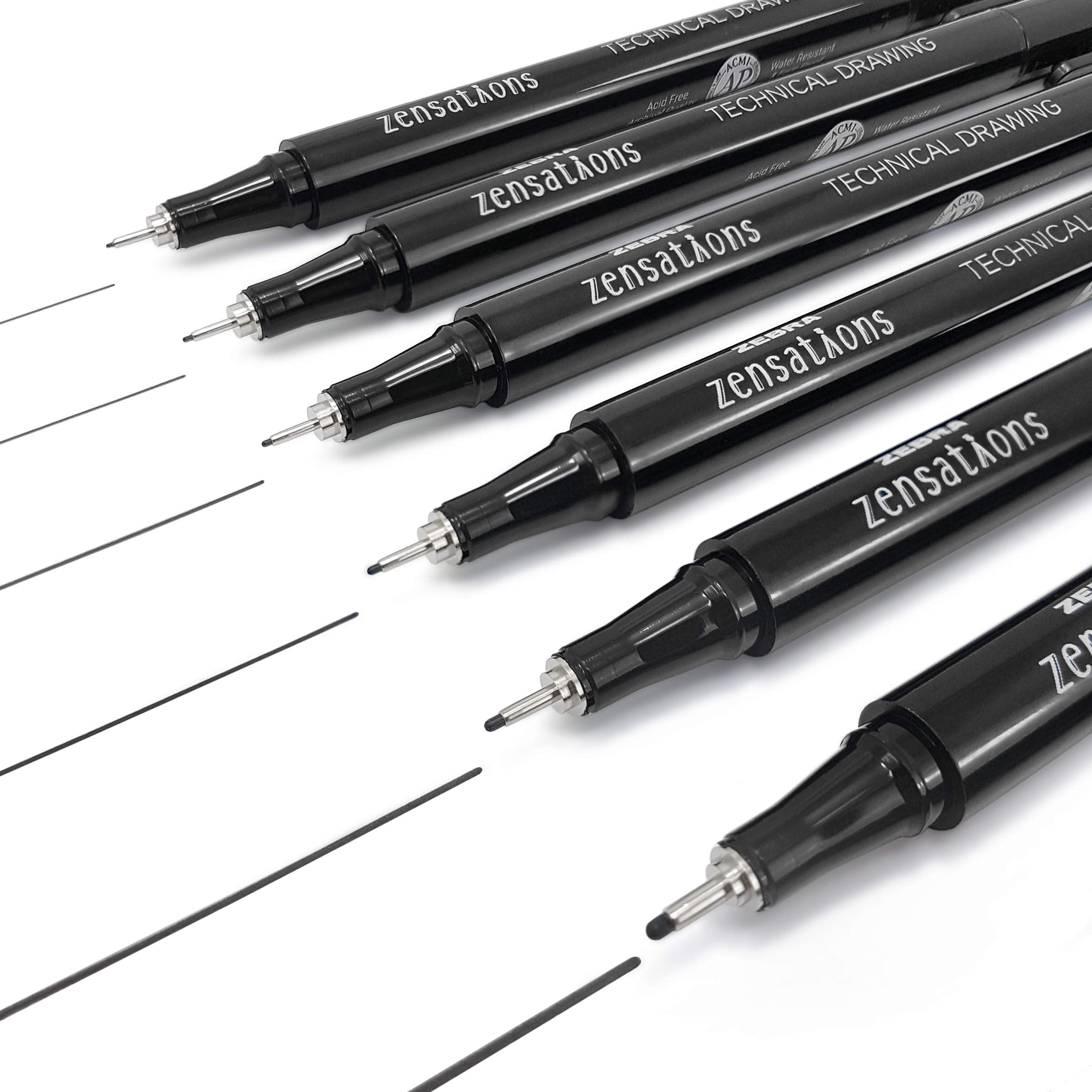 Zebra Zensations Technical Drawing Fineliner Pens - Full Set Of 6 Grades - Black Ink