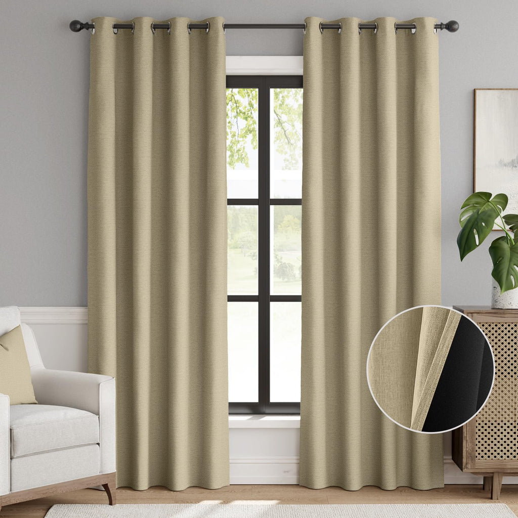 Jinchan 100% Blackout Curtain 90 Inch Length, Faux Linen Curtain For Living Room, Thermal Insulated Room Darkening Grommet Top Window Drape, 1 Panel Curtain For Bedroom Cuban Sand