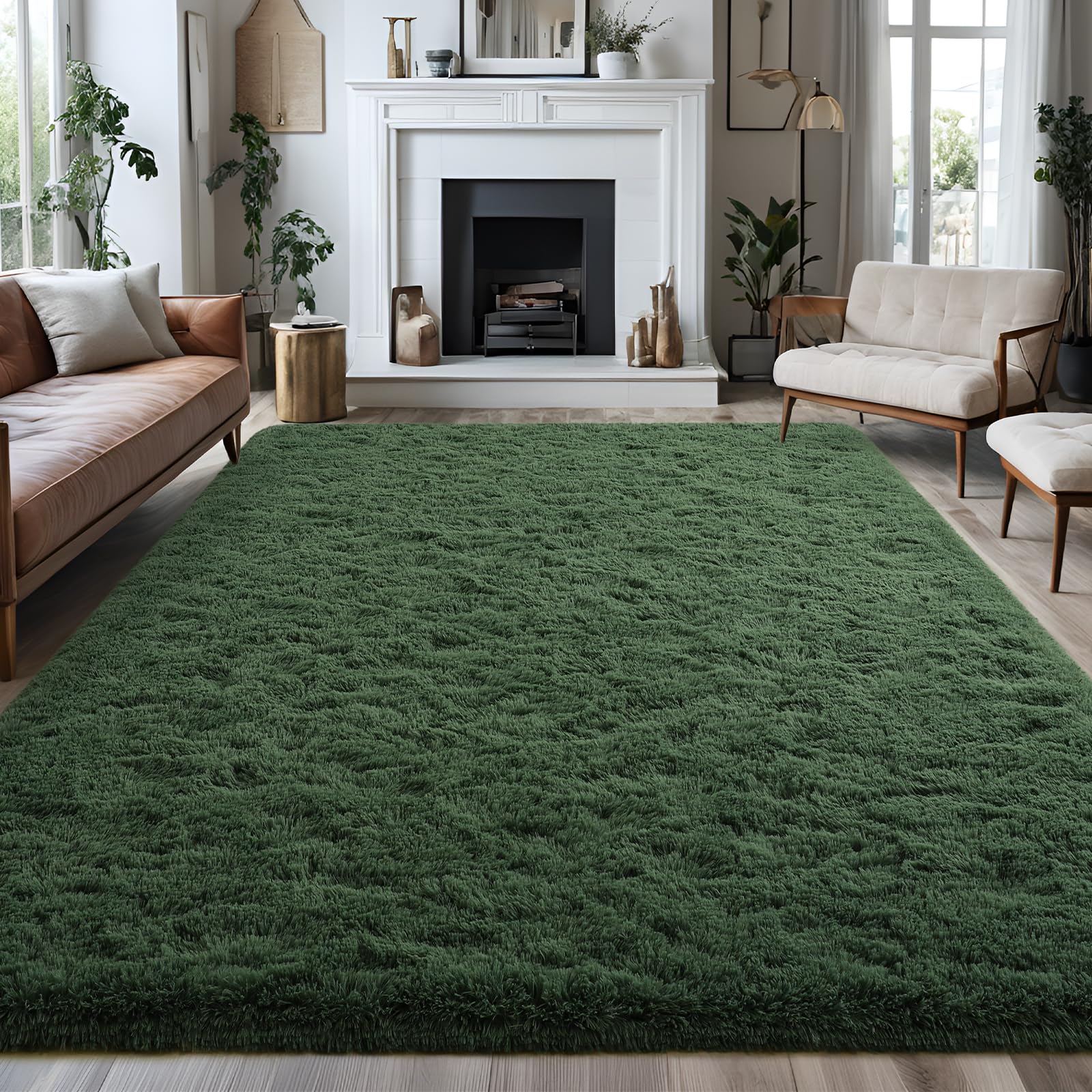 Falark Large Soft Area Rugs For Bedroom Living Room, 8X10 Ft Dark Green Fluffy Rug Carpets For Girls Kids Room, Shaggy Fuzzy Ind