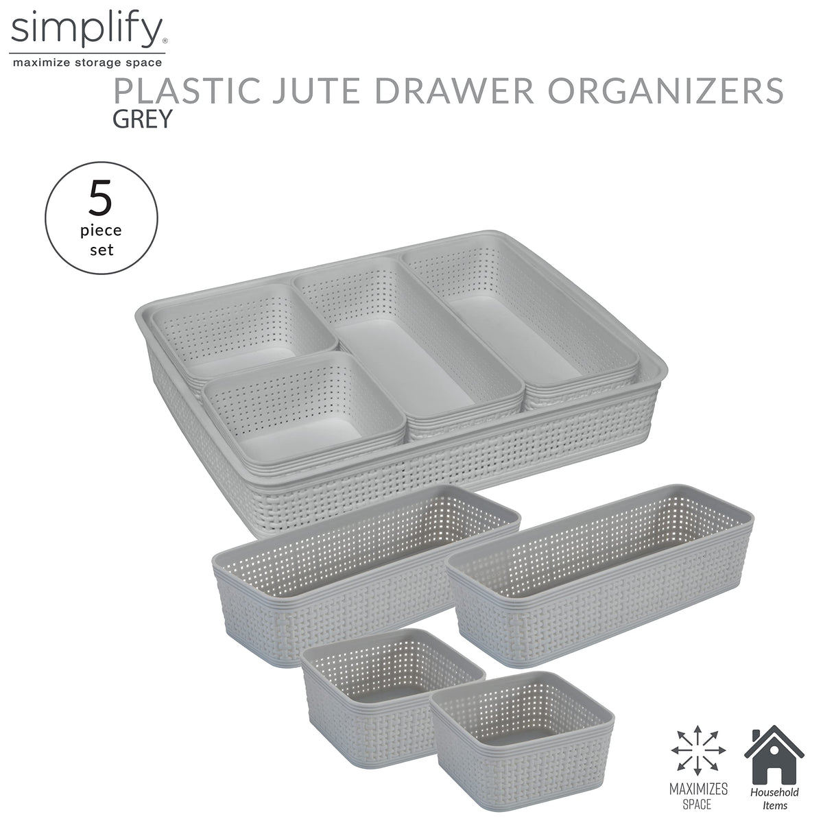 Simplify 5 Piece Organizing Set | Multiple Size Bins | Multipurpose | Office | Desk | Dorm | Bathroom | Storage Basket | Small I