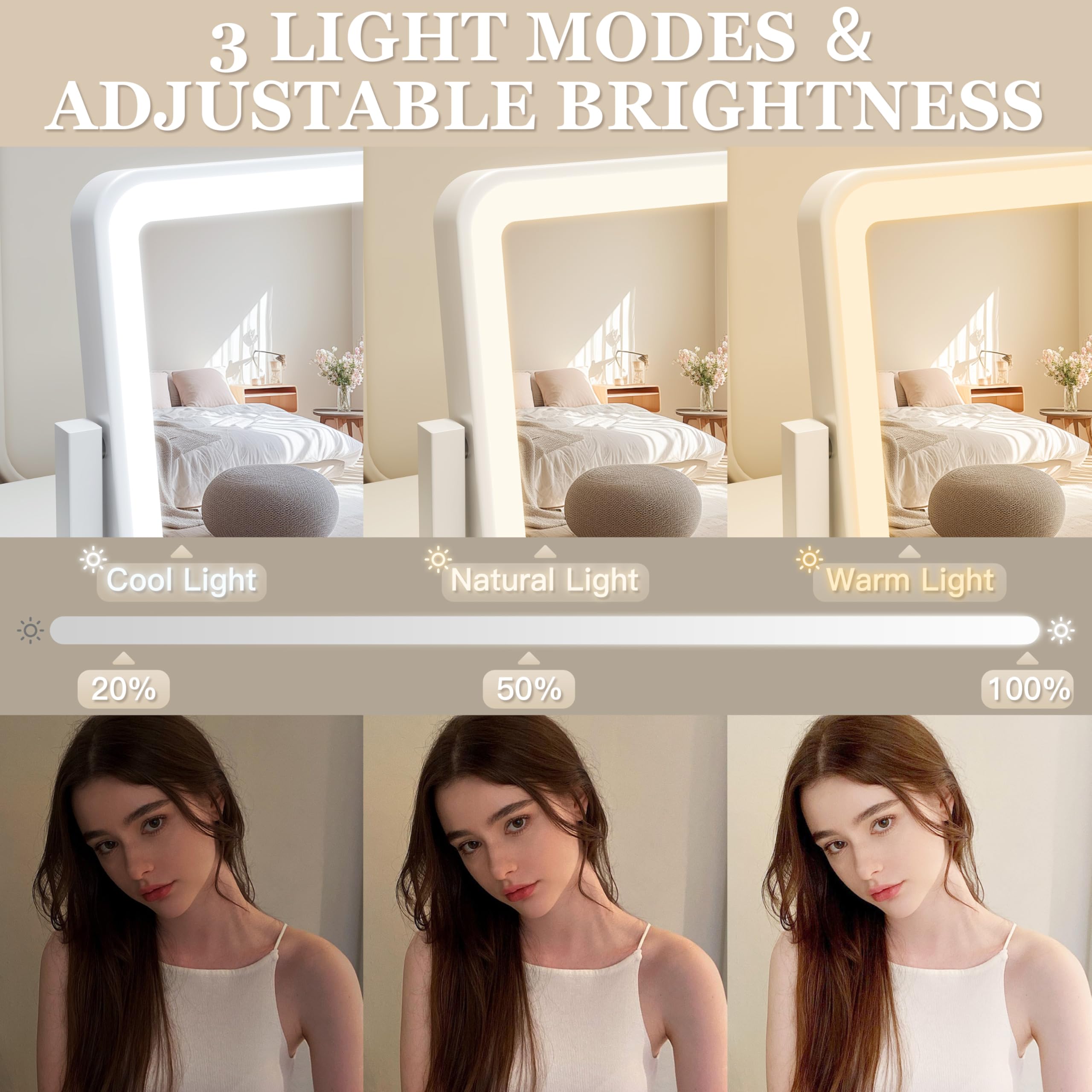 Rolove Vanity Mirror With Lights, 14'  12' Led Makeup Mirror, Lighted Makeup Mirror With Lights, Smart Touch Control 3 Colors