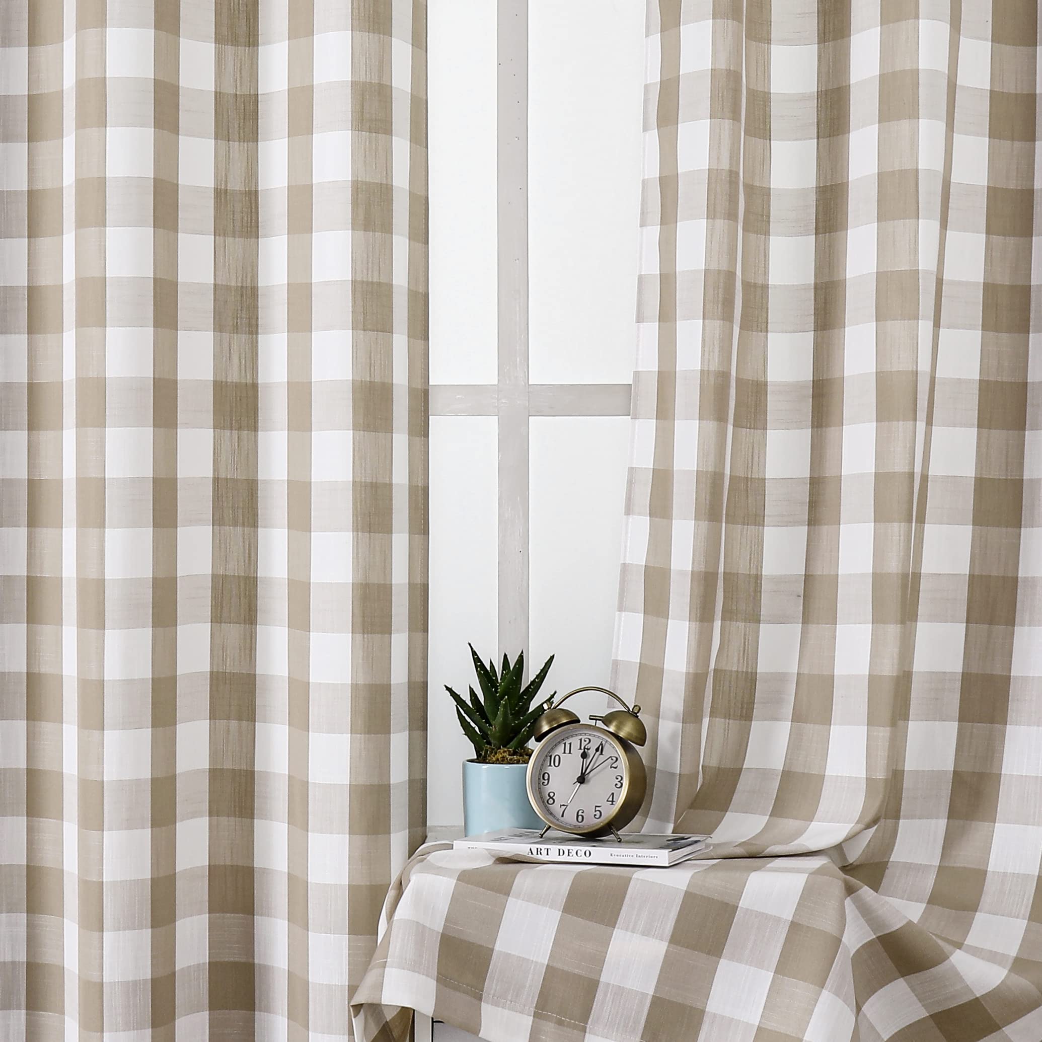 Bapawfish Tan Gingham Buffalo Check Beige and White Window Curtain Panels 95 Inch Long, Rod Pocket Window Treatment Drapes, for 