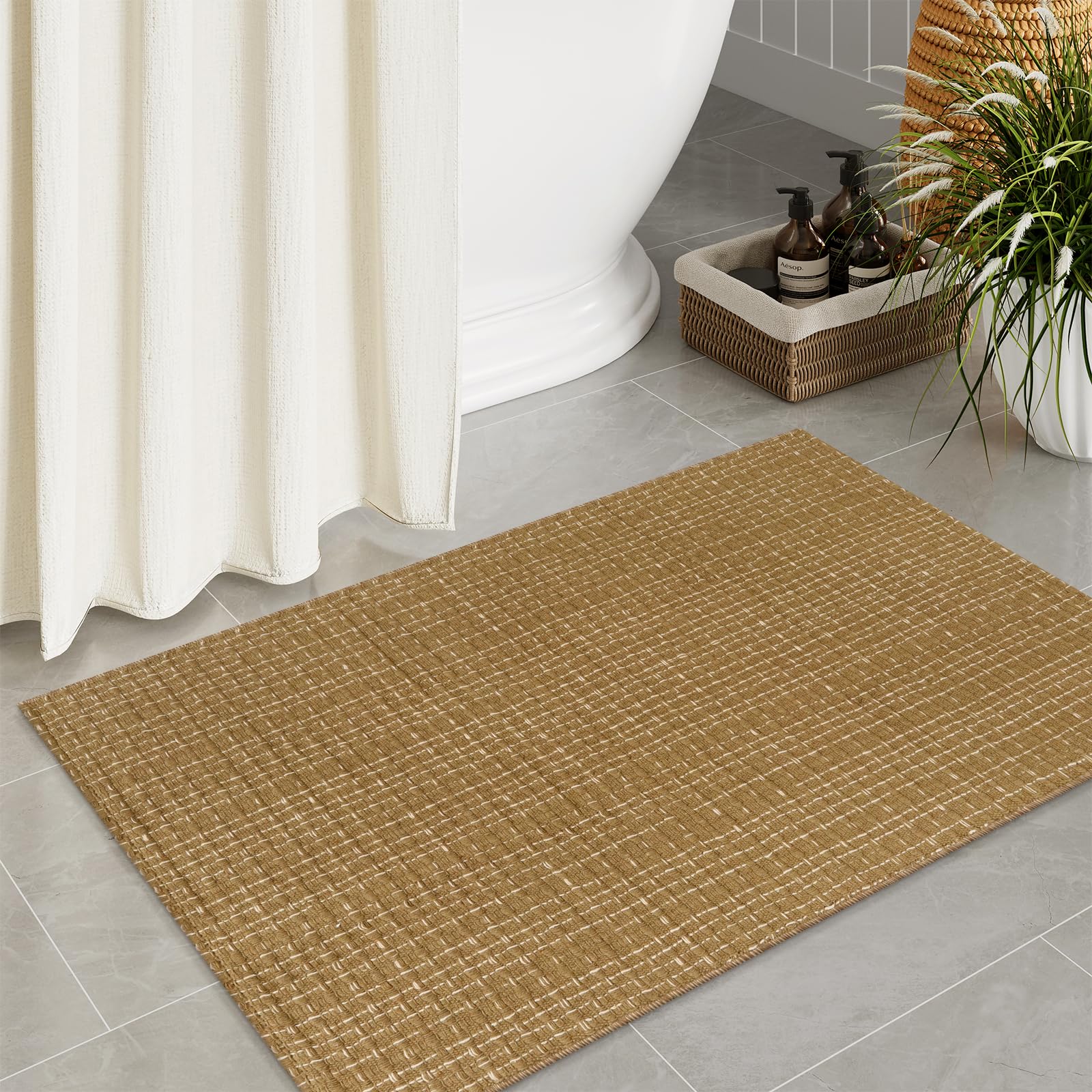 Seavish Washable Entryway Rug, 2x3 Brown Rug Boho Farmhouse Bathroom Rugs Layered Front Door Mat Indoor Entrance Cotton Woven Mo