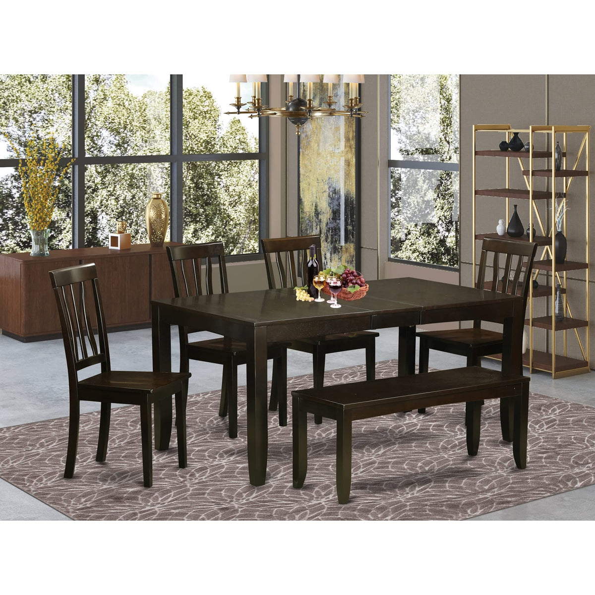 East West Furniture LYAN6-CAP-W Lynfield 6 Piece Set Contains a Rectangle Dining Room Table with Butterfly Leaf and 4 Wooden Seat Chairs with a Bench, 36x66 Inch, Cappuccino
