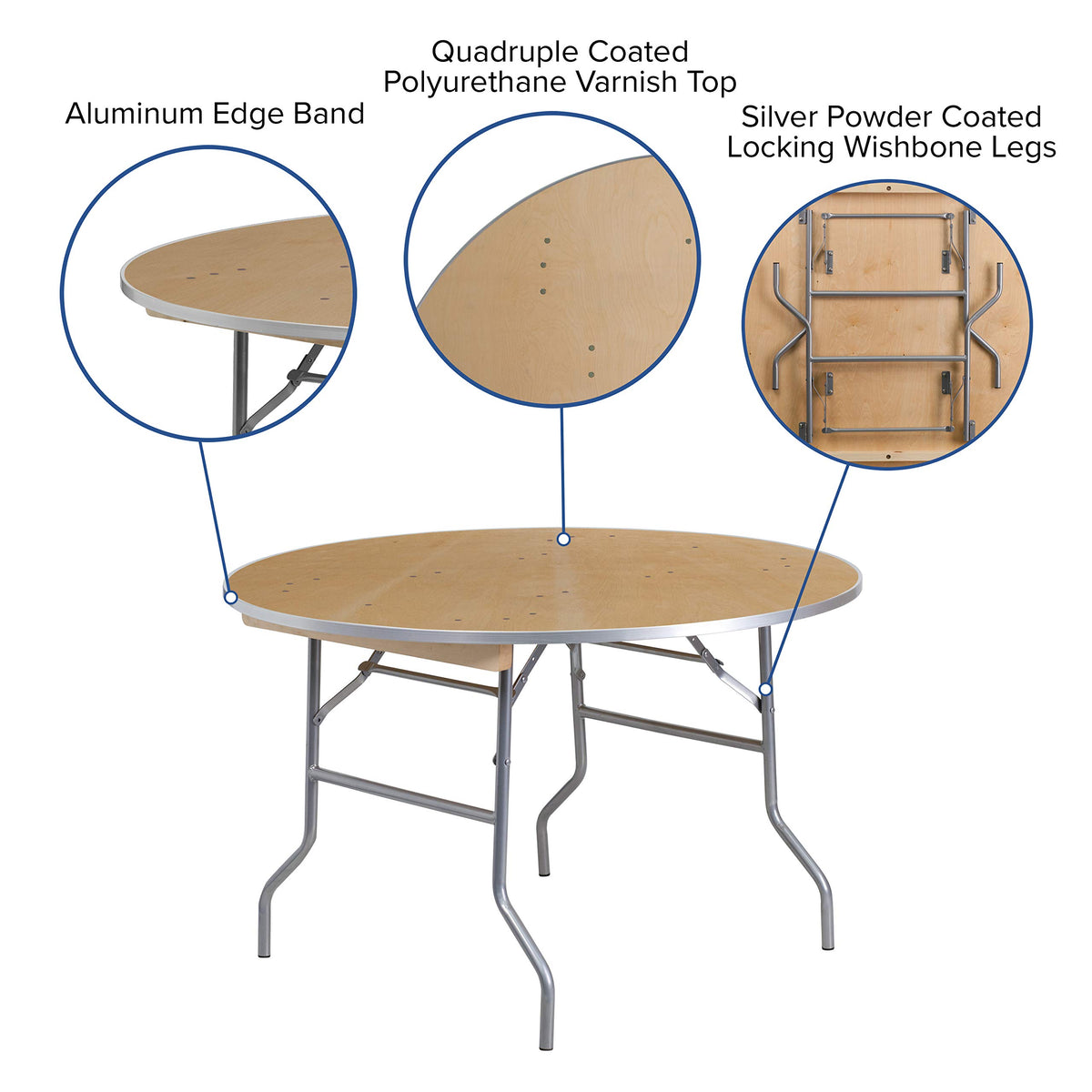 Flash Furniture Fielder 4-Foot Round HEAVY DUTY Birchwood Folding Banquet Table with METAL Edges, Natural